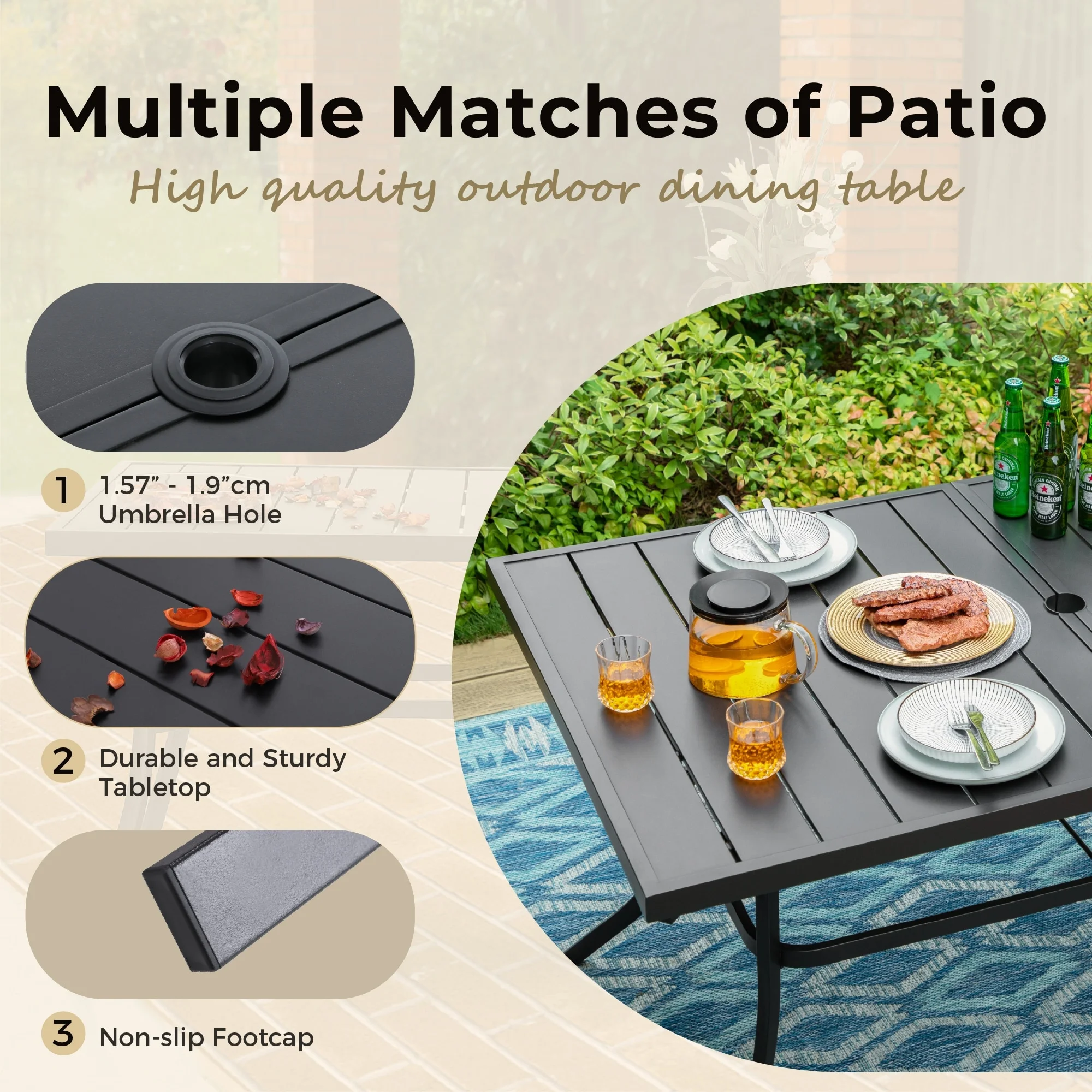 Patio Dining Set 7 Piece Metal Rectangle Patio Table with Umbrella Hole and 6 Metal Dining Chairs Table Style A