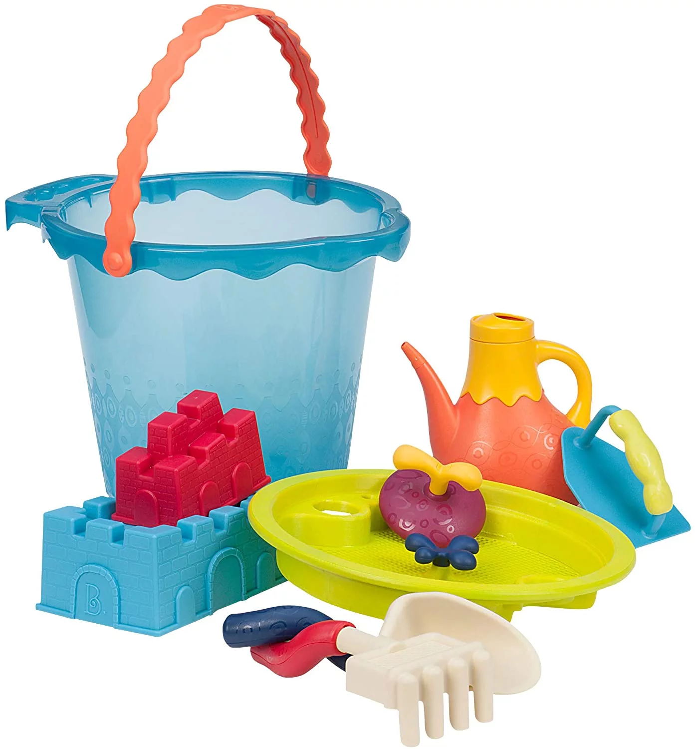 B. toys- Shore Thing Large Beach Bucket- Water & Sand Playset- 11 Funky Sand Toys for Kids- 18 months +