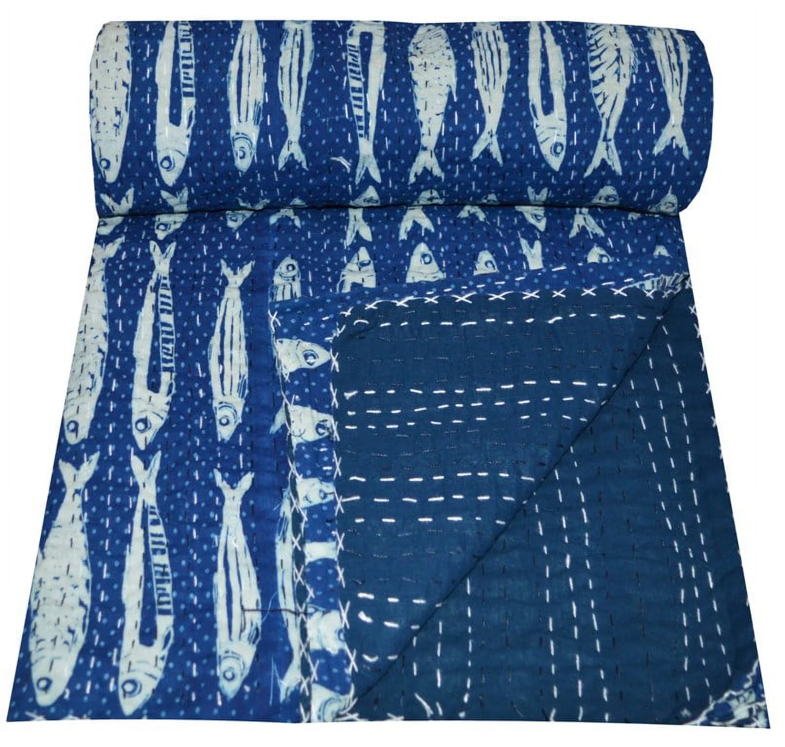 Vintage Fish Print Kantha Quilt Blue Quilt Kantha Bedspread Cotton Blanket Indian Bed Cover Bohemian Quilt Kantha Quilt Queen Size 90 X 108 Inches