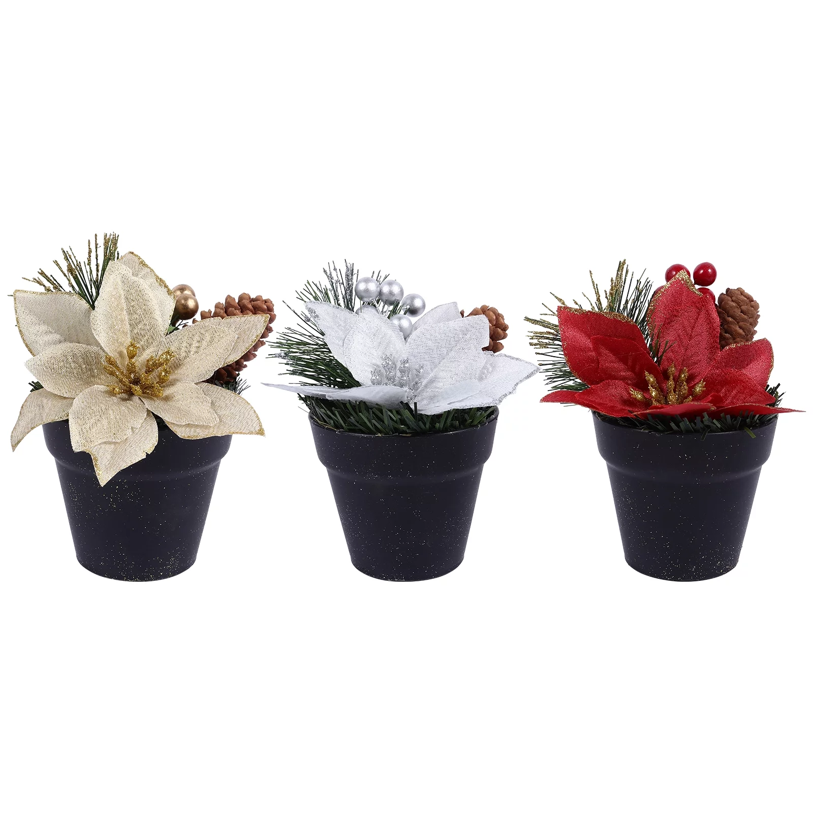 3pcs Simulation Poinsettia Pot Decoration Artificial Xmas Flower Plant