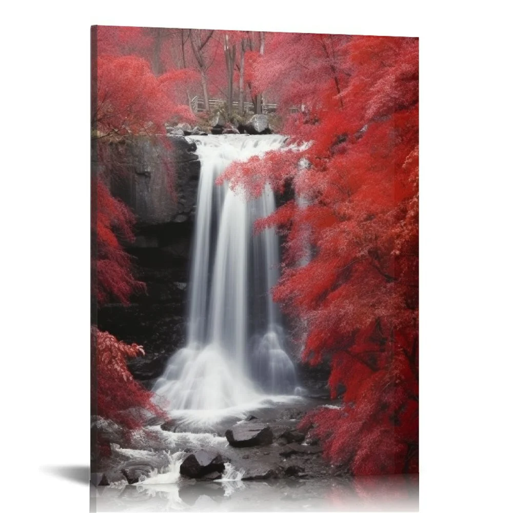 QFMY  Red Waterfall Canvas Wall Art Decor Vertical Decorative Prints Forest Landscape Picture for Living Room Kitchen Bedroom Office Home Decor Gift 12x16 in