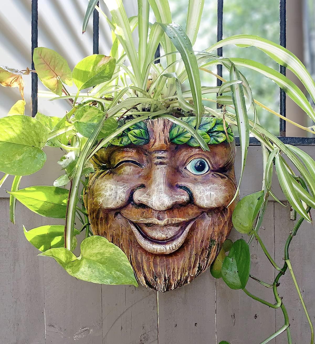 Sculpted Resin Tree Face Planter, Wink, 9 x 10-Inch