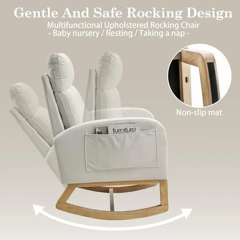 TJCGDTY Rocking Chair Nursery  Modern Glider Chair for Nursery with Solid Wood Legs Upholstered Rocker Arm Chair with Two Side Pockets for Living Room Bedroom(Teddy-White)