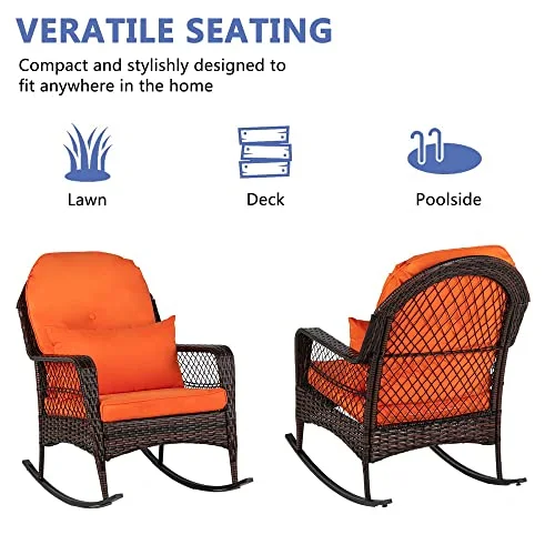 Outvita Rocking Chair, Outdoor PE Rattan Rocking Chair with Soft Orange Cushion and Pillow for Patio, Porch, Poolside, Living Room