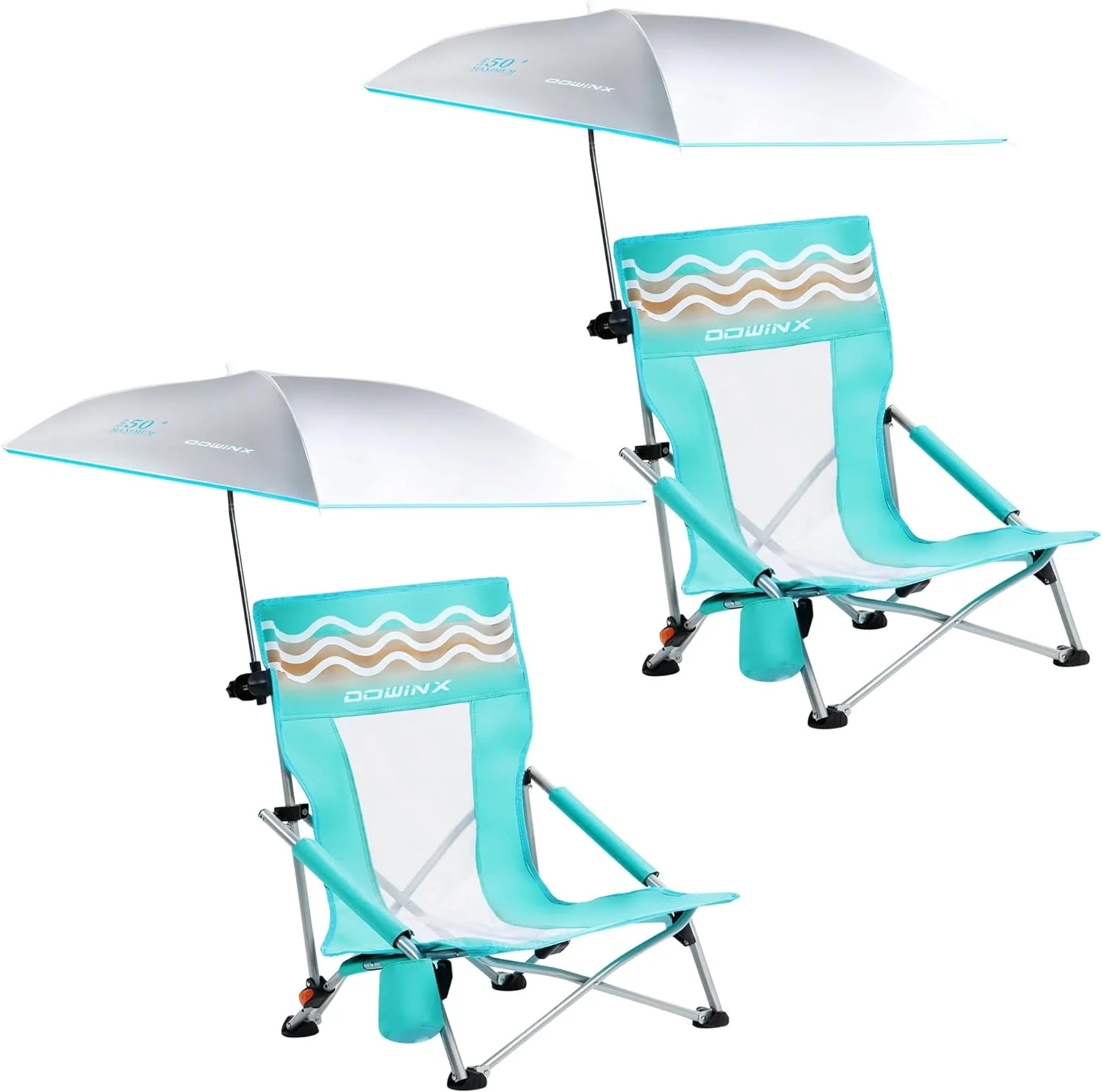 Dowinx Beach Chair with Adjustable Umbrella, Portable Low Camping Chair for Adults, High Back Lightweight Lawn Chair with Holdcup, UPF 50+, 2 Pack