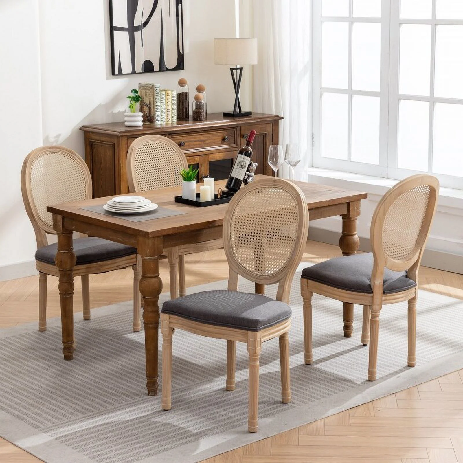 French Style Dining Chairs Set of 2 with Solid Wood Frame and Linen Fabric Rattan Back Beige