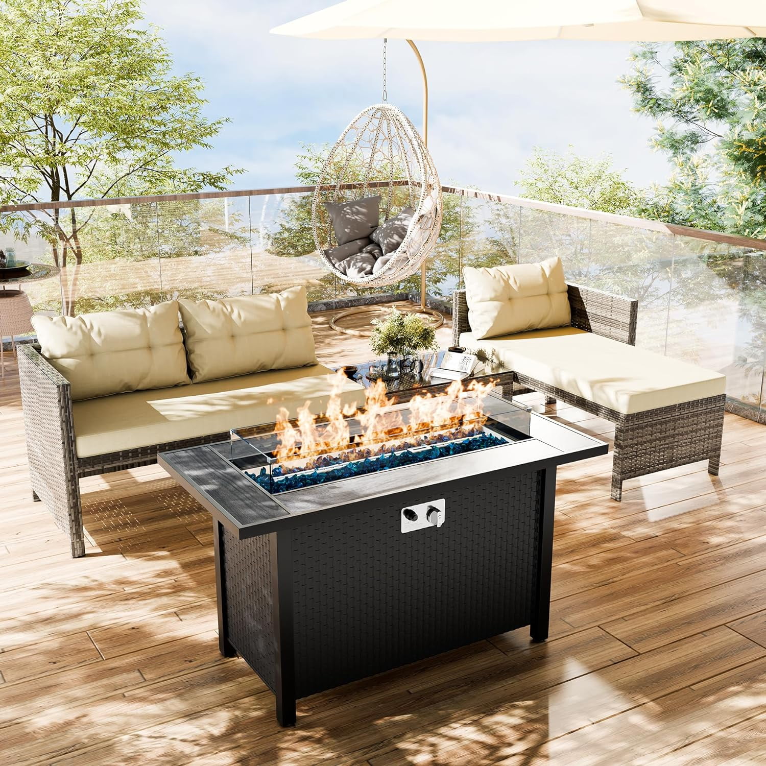 Dina 3-Piece Wicker Patio Conversation Furniture Set  Patio Corner Sofa with Outdoor PE Rattan  Includes Loveseat Sofa Sectional  White Couch and Coffee Table (Brown Rattan/Khaki  3 PCS S