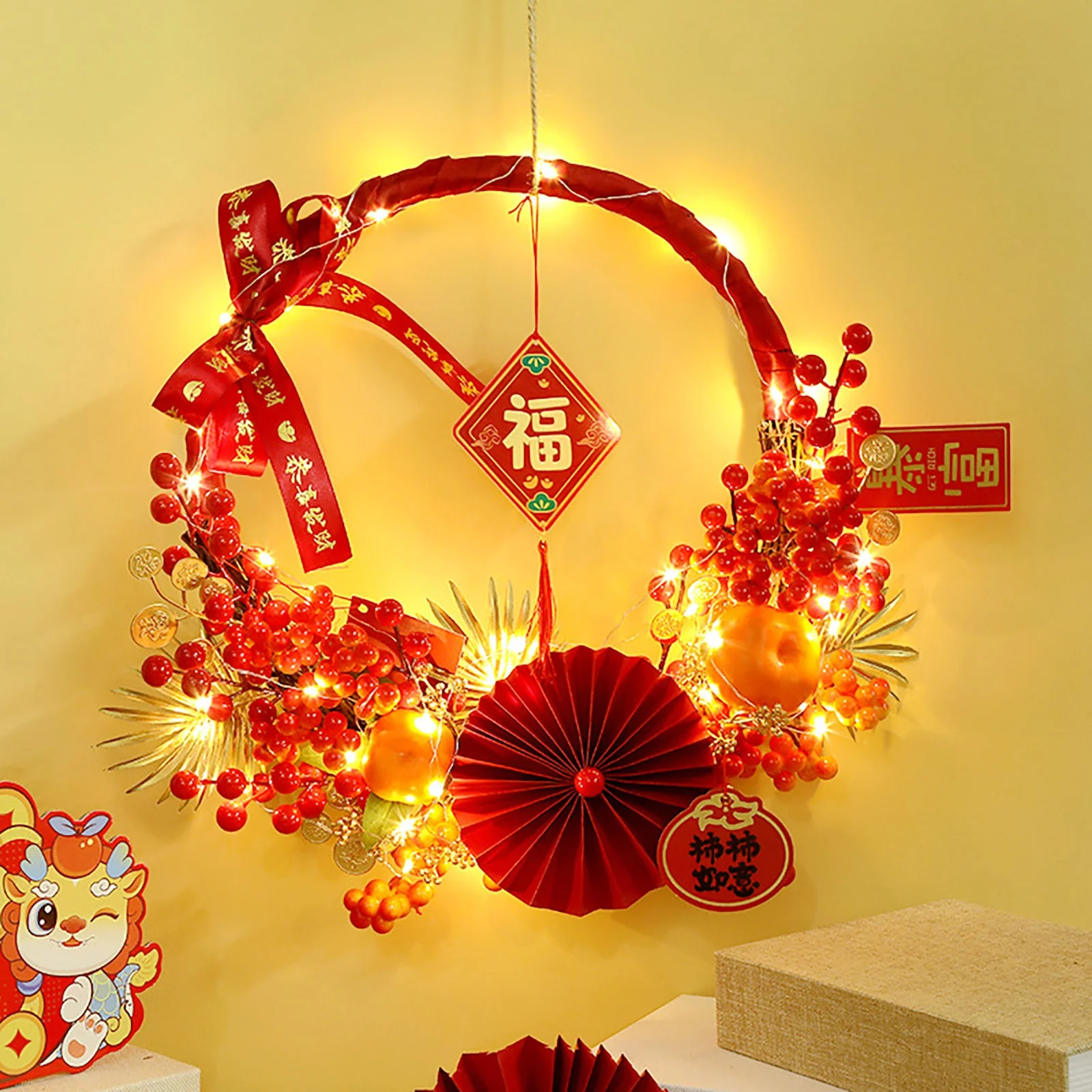 YHAIOGS Modern Farmhouse Decoration Chinese New Year Wreath Wreath Front Door 2024 Wreath Wall Festival Outdoor Fireplace LED Red Berry Home Decoration Wreath for New Year and