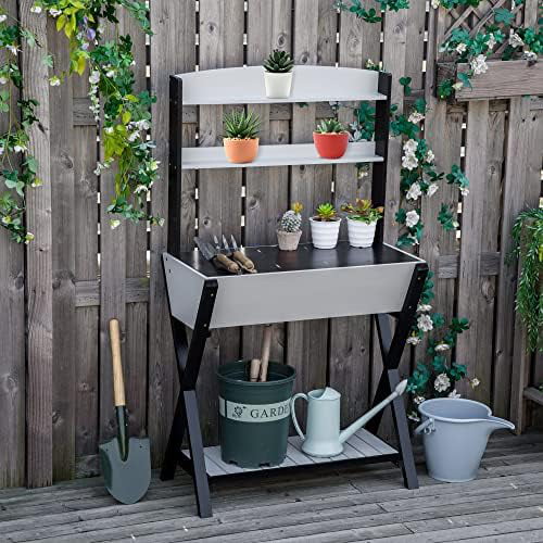 Garden Potting Bench Table With Hidden Storage Box, Wood Outdoor Work Station With Open Top And Lower Shelf