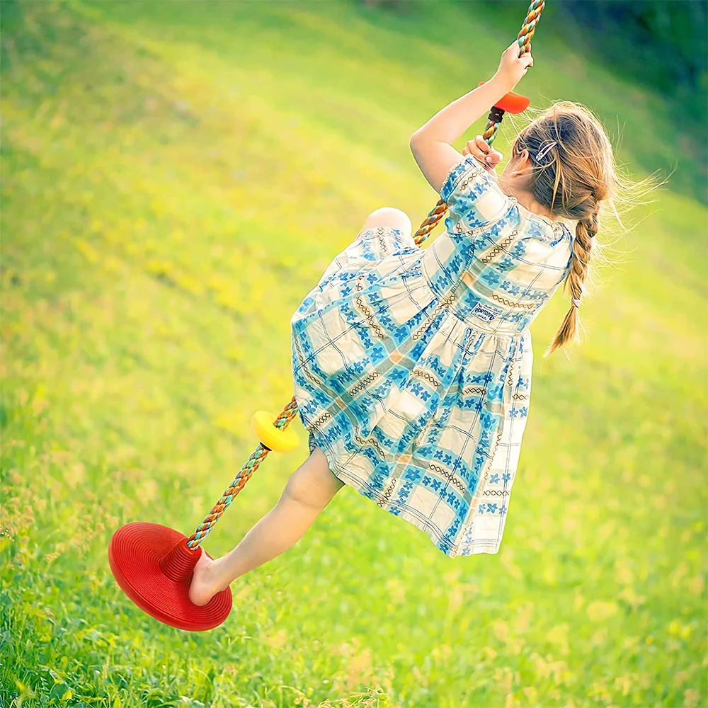 Sekkvy 6.4Ft Climbing Colorful Rope Tree Swing with Platforms Set for Kid Red Disc Saucer Seat Swing Accessories Indoor Outdoor