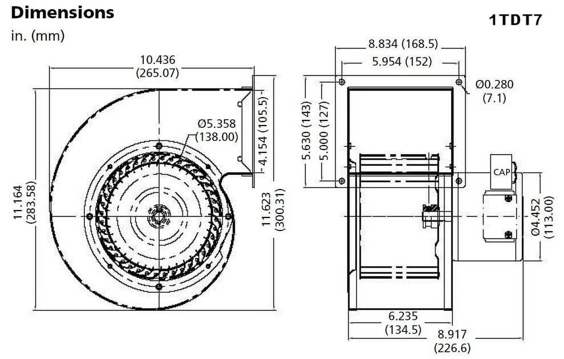 1TDT7 Blower, 542/409 CFM, 115V, 2.00/1.54 Amp