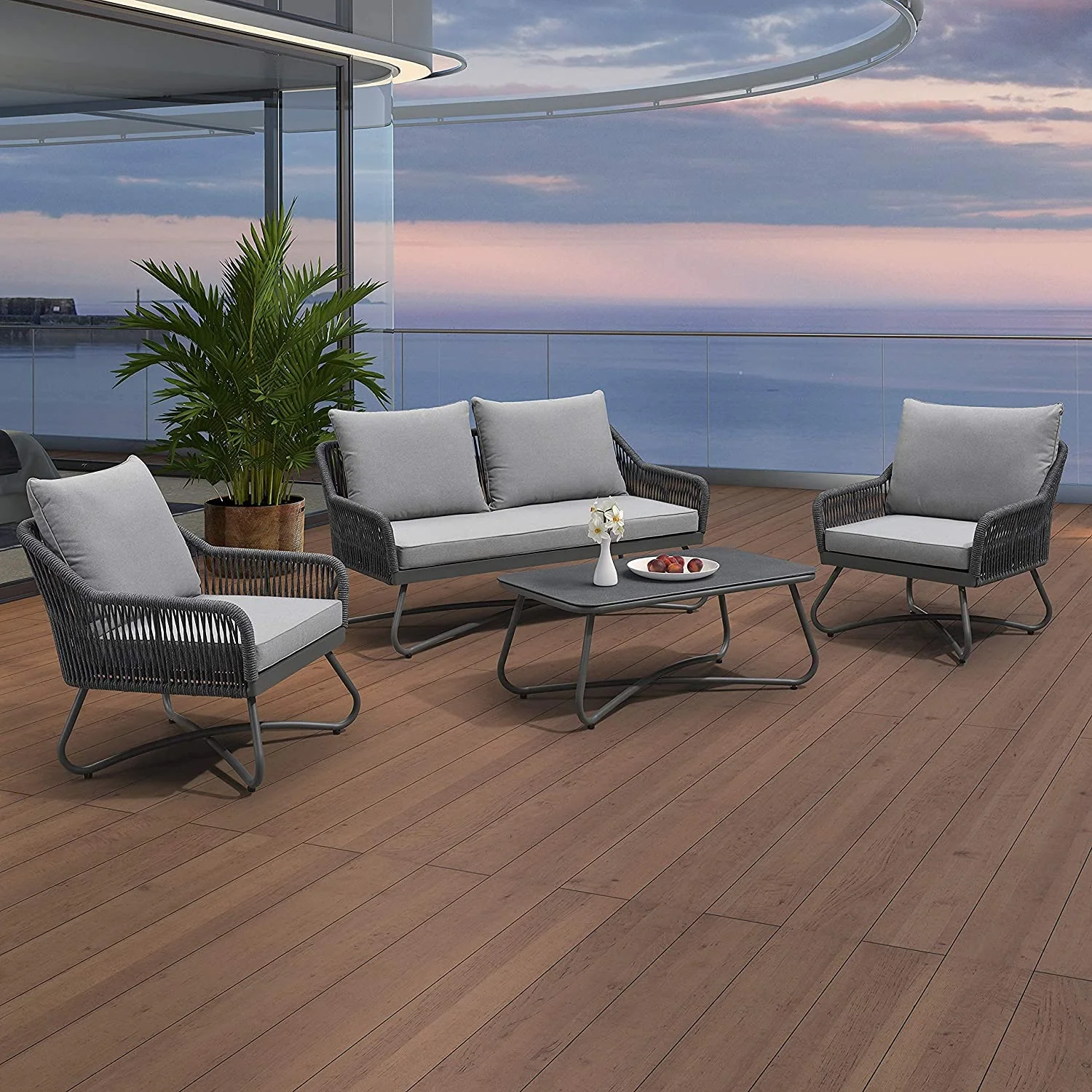 LEAF Patio Conversation Set 4 Pieces Aluminum Frame Rope Outdoor Patio Furniture with Coffee Table  All-Weather Modern Deep Seating Sofa Set  Outdoor Patio Set with Cushions  Ascona