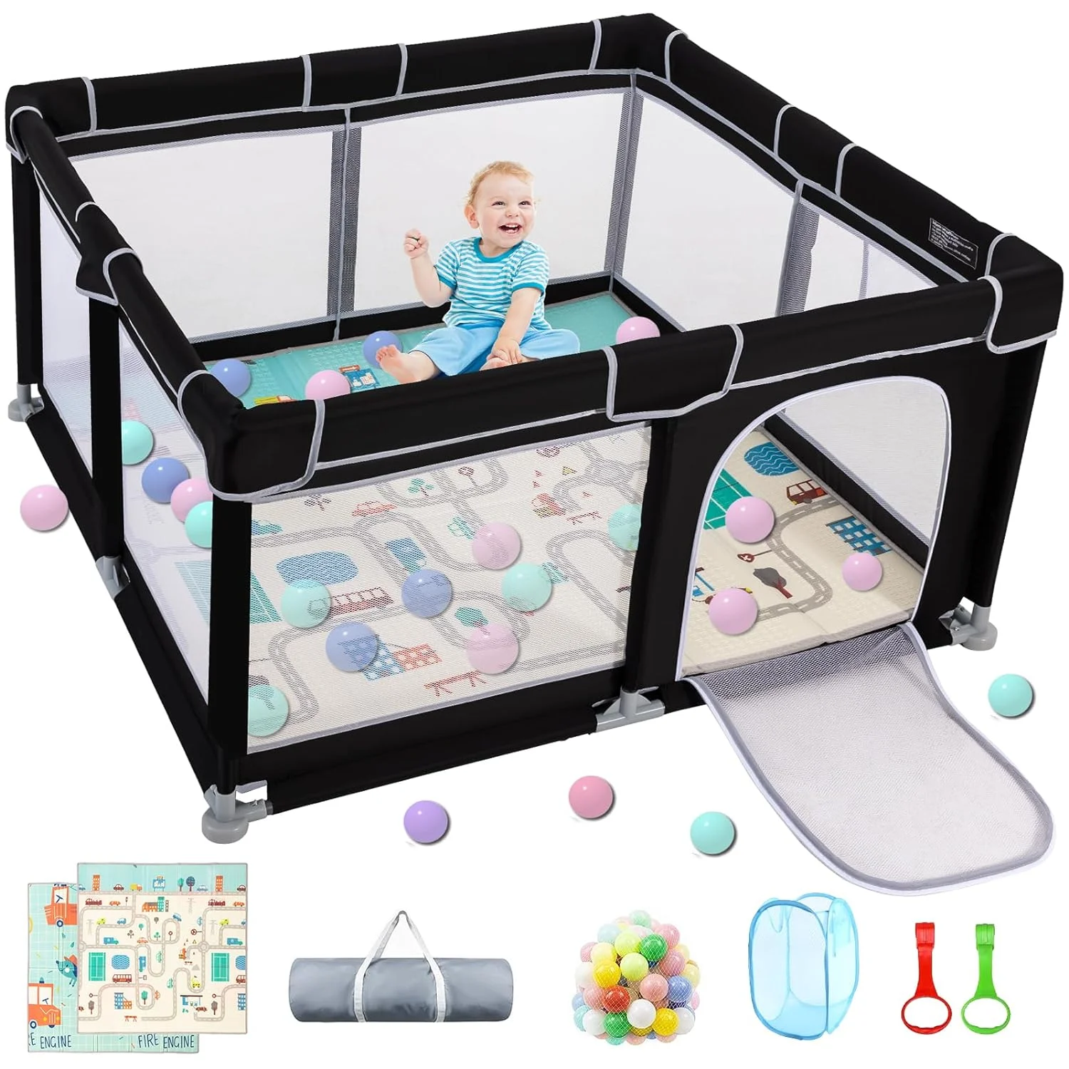 Baby Playpen with Mat, 50”×50” Playpen, Durable and Secure Baby Play Pen, Indoor & Outdoor Kids Activity Play Center. Equipped with Anti-Slip Suckers and a Zipper Gate, Anti-Fall（Black）