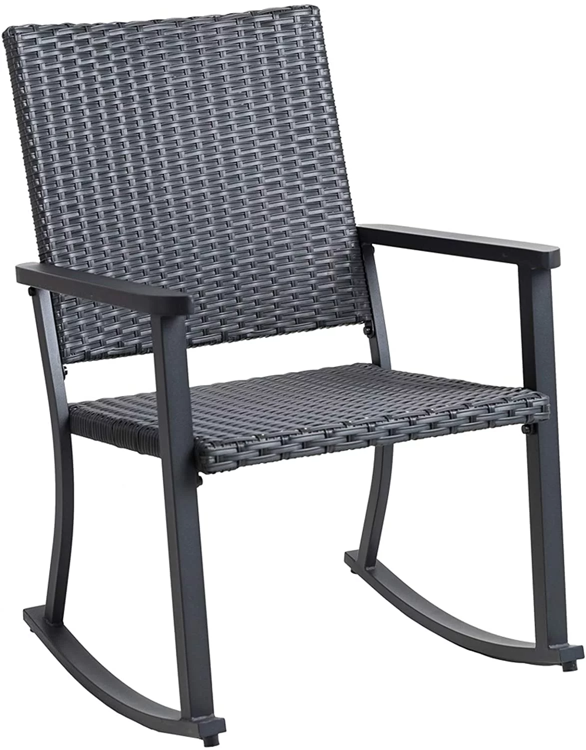 MINGFENG Outdoor Rocking Chair for Outside Patio Porch, Metal Frame, Black All Weather Wicker