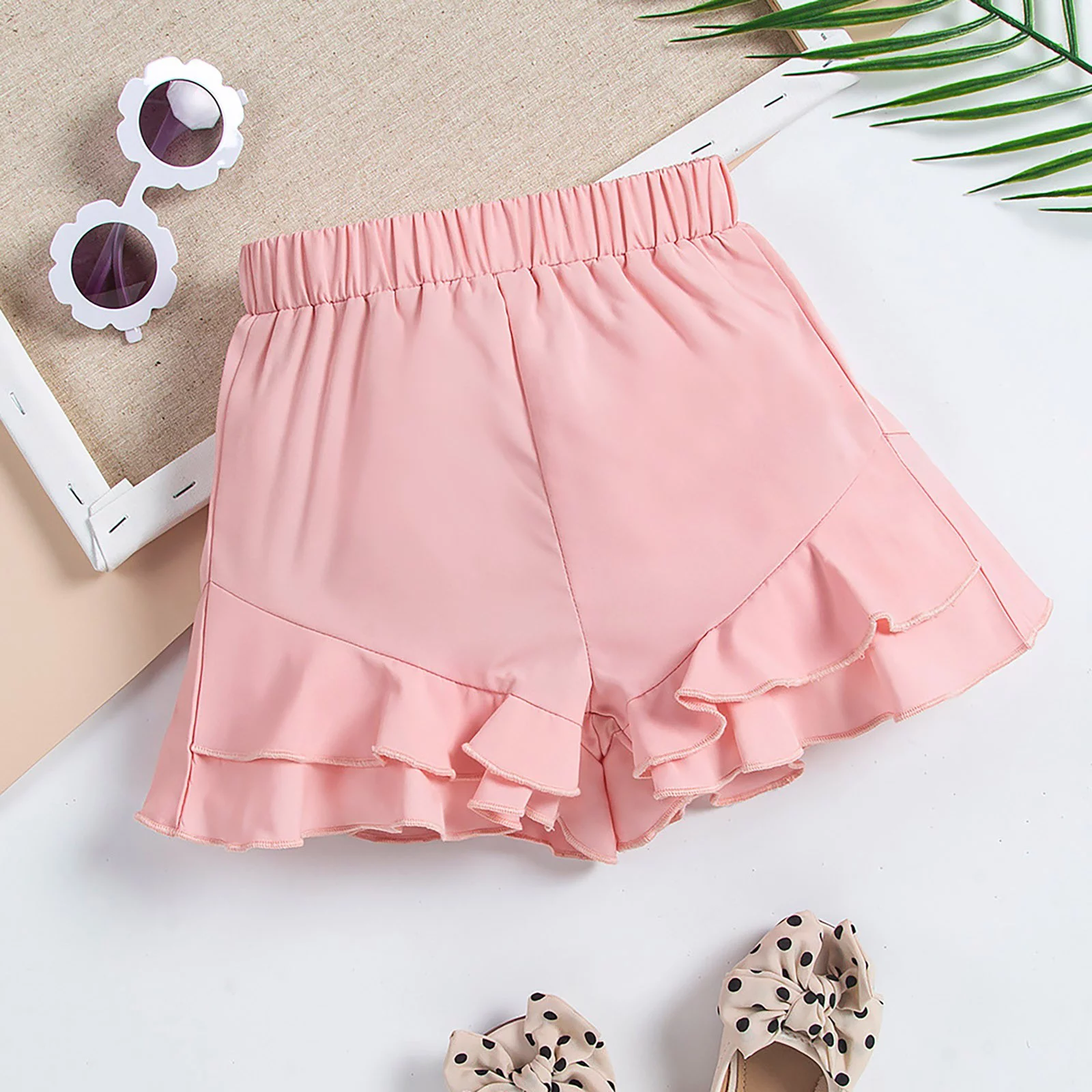 Toddler Girls Summer Solid Color Shorts Pink Mid Waist Ruffle Shorts Daily Casual Summer Wear Play Shorts 4t Girls Soccer Shorts Kids Clothes Small Girl Kids Shorts Cotton Toddler Gymnastic Equipment