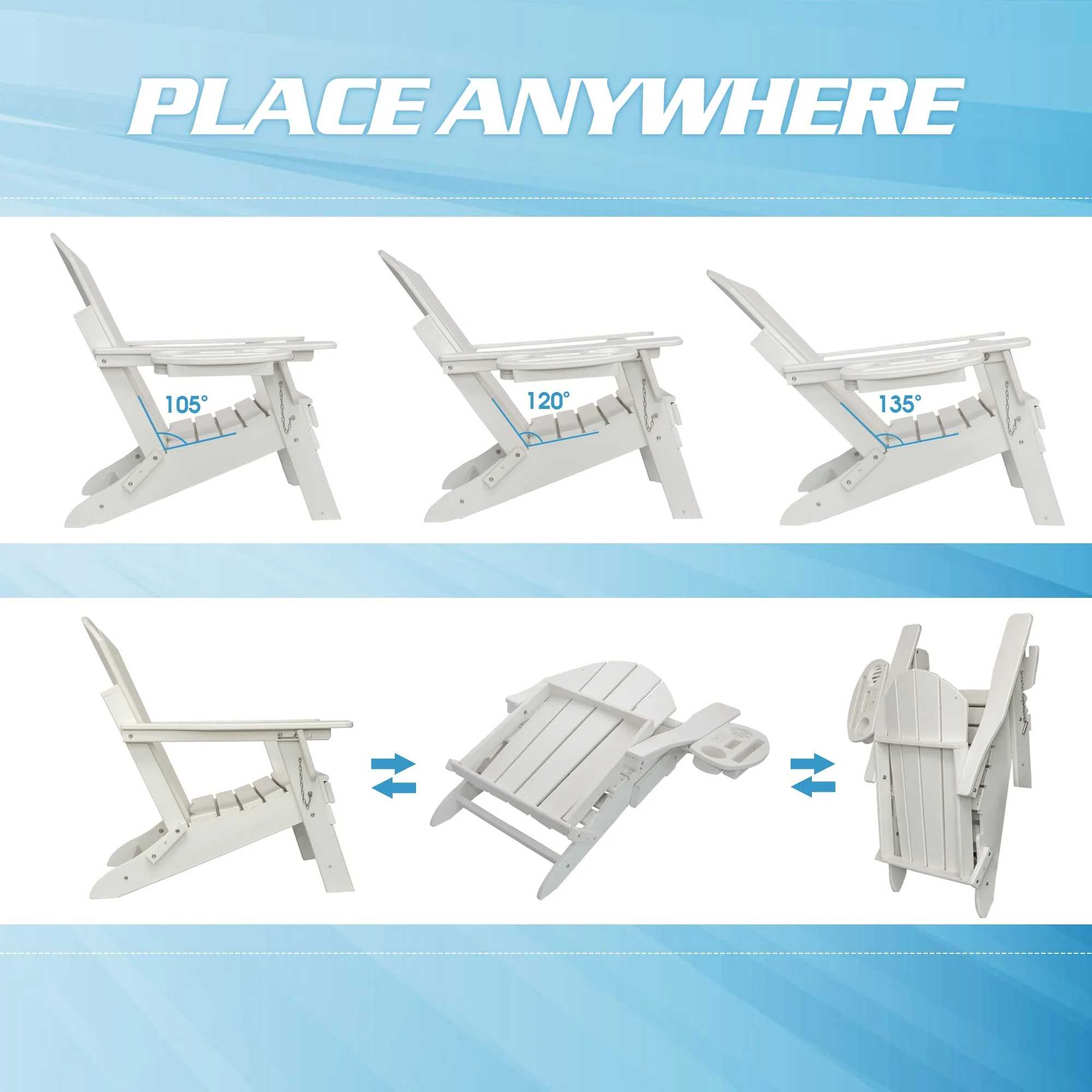 2PCS Folding Adirondack Chair with Retractable Ottoman, HDPE All-Weather Resistant Adjustable Backrest Adirondack Chair w/4 in 1 Cup Holder Trays, White