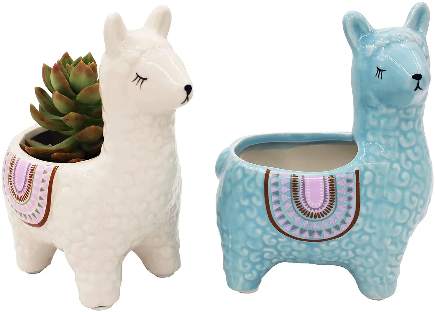 Alpaca Succulent Pots, 2 Pc. Set Animal Planter, Decorative Ceramic Planters for Natural Indoor Gardens and Cacti, Colorful Office and Home Decor for Living Room, Kitchen, or Desk
