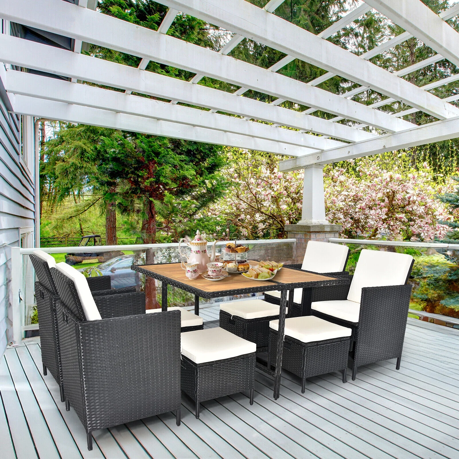 9 Pieces Patio Dining Furniture Set Wicker Sofas Rattan Chair Conversation Table