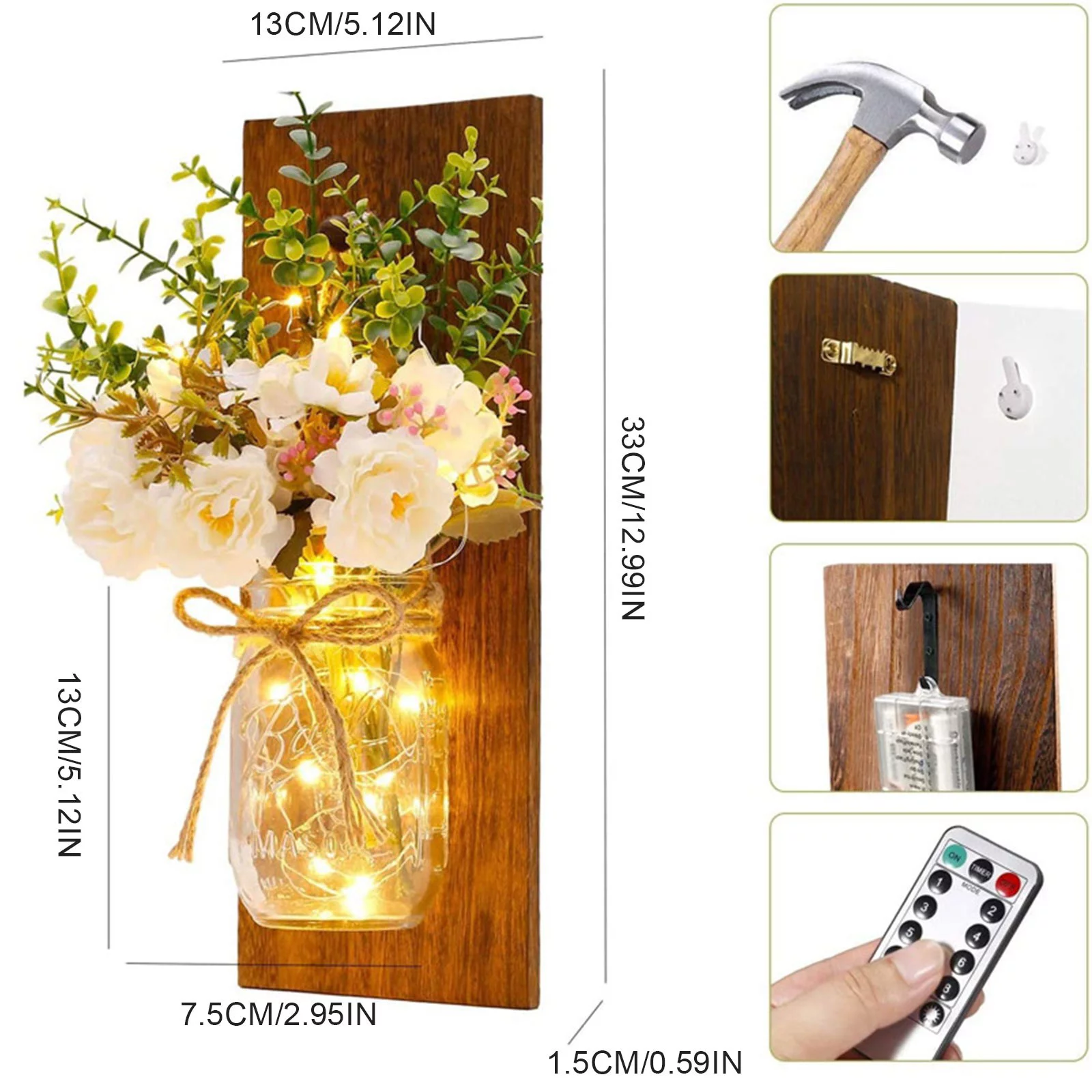 Yeetfub Artificial Flowers Silk Flowers Retro Wood Mason Jar Wall Lamp Simulation Flower Peony Rose Send Remote Control for Wedding Home Faux Flowers Bulk Gift for Mothers Day