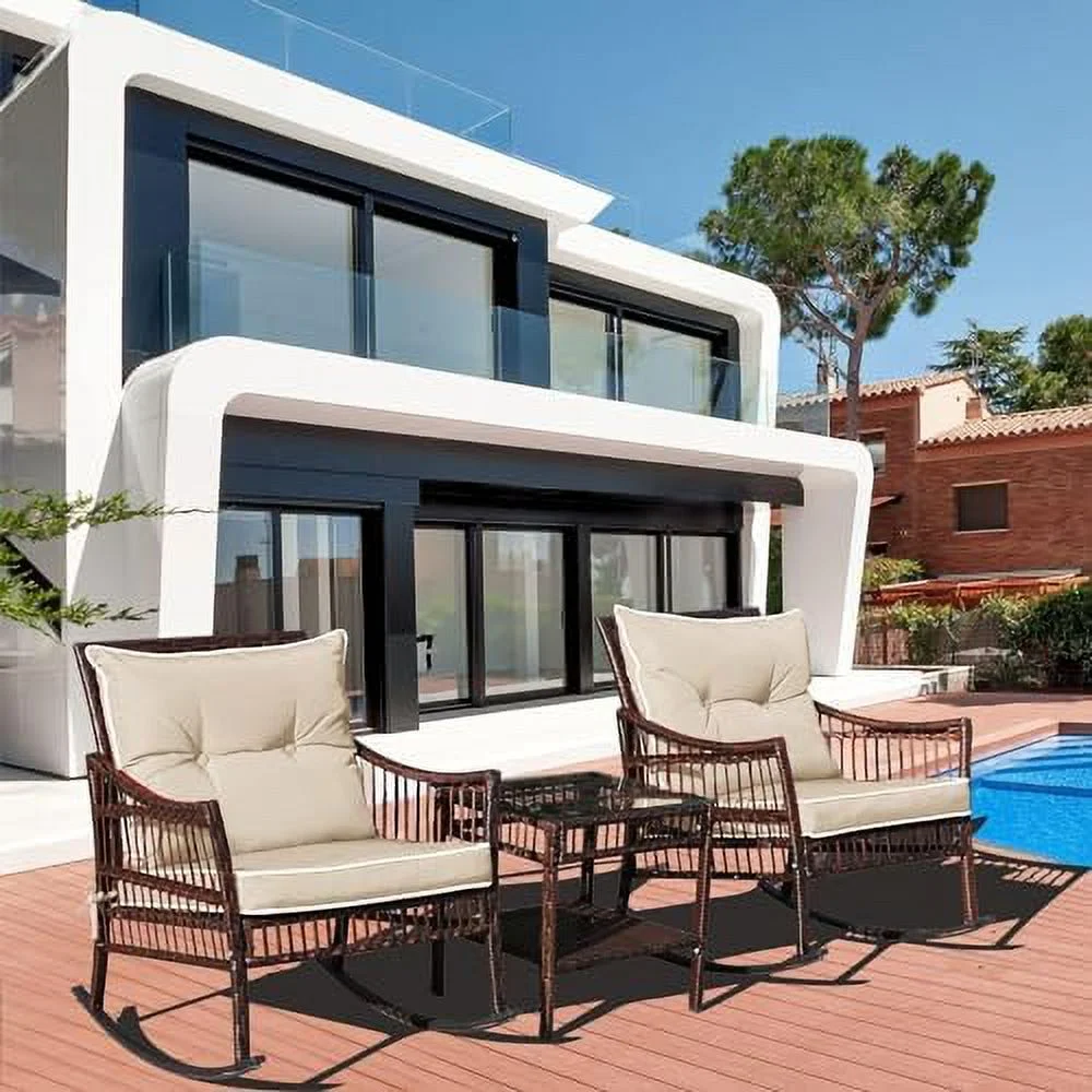 AYFDEGT Outdoor Rocking Chairs  3 Pieces Patio Conversation Set  Wicker Rocking Chairs  with Coffee Table  Front Porch  for Garden and Balcony (Brown Rattan Beige Cushion)