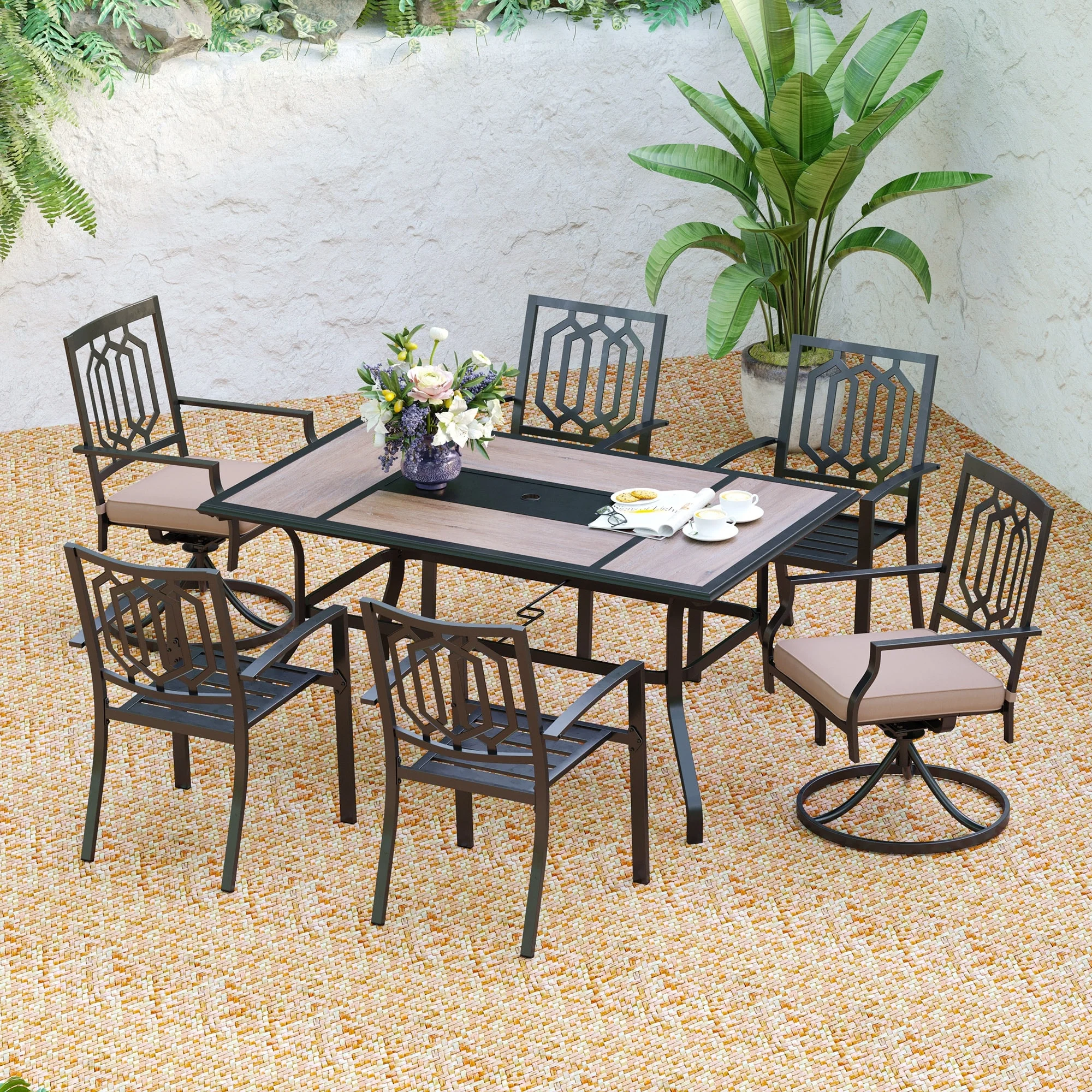 7 Pieces Patio Dining Set Steel Outdoor Furniture Set with 6 Steel Garden Chairs and 1 Patio Umbrella Table