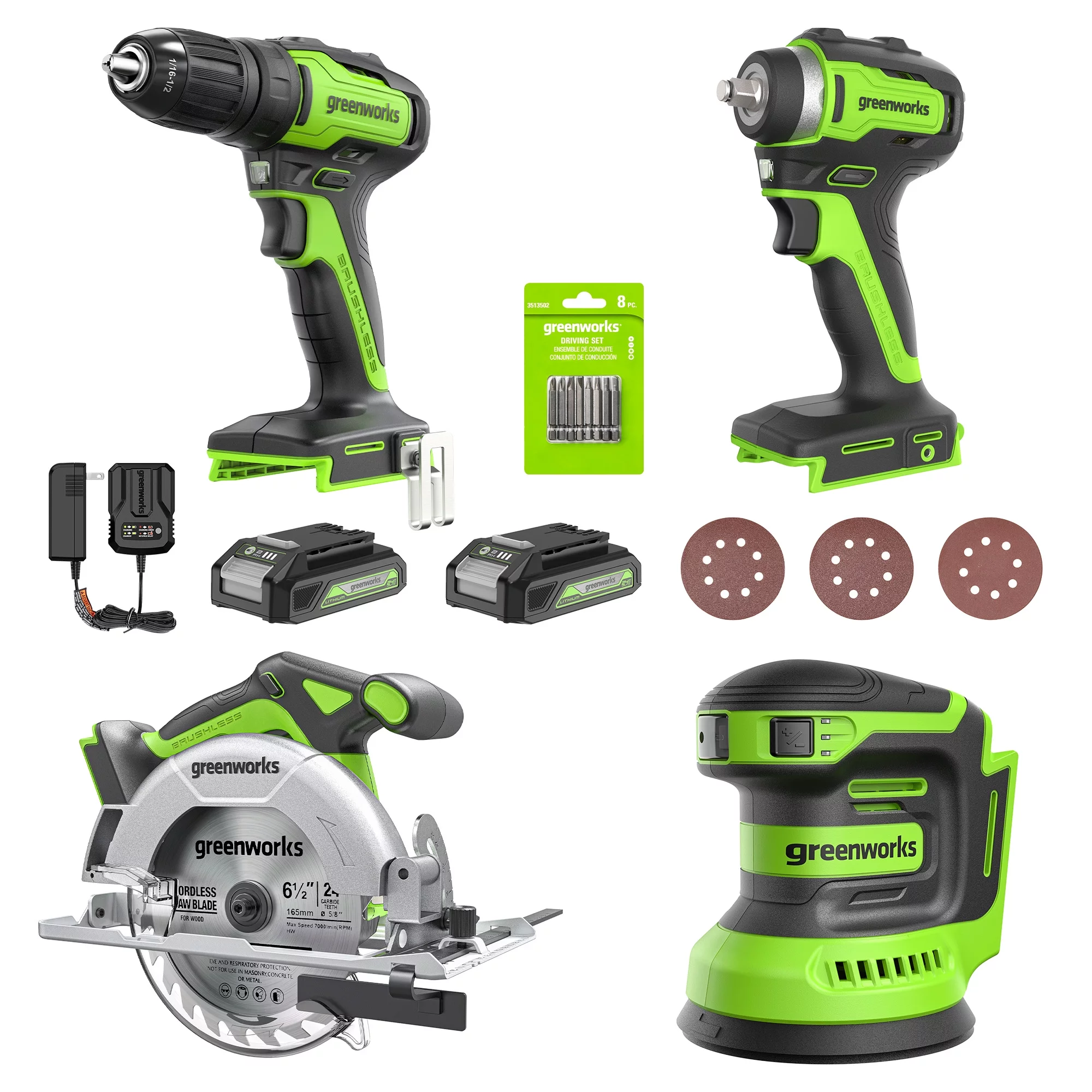 Greenworks New 24V Carpentry 4 Power Tool, Brushless Drill Driver Combo Kit with Two 2Ah Batteries & Charger
