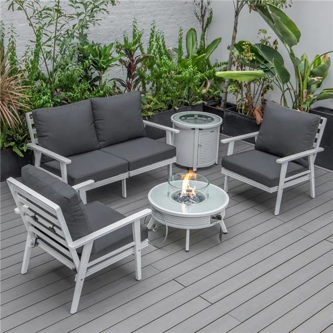 Walbrooke Modern White Patio Conversation with Round Fire Pit Slats Design & Tank Holder, Charcoal