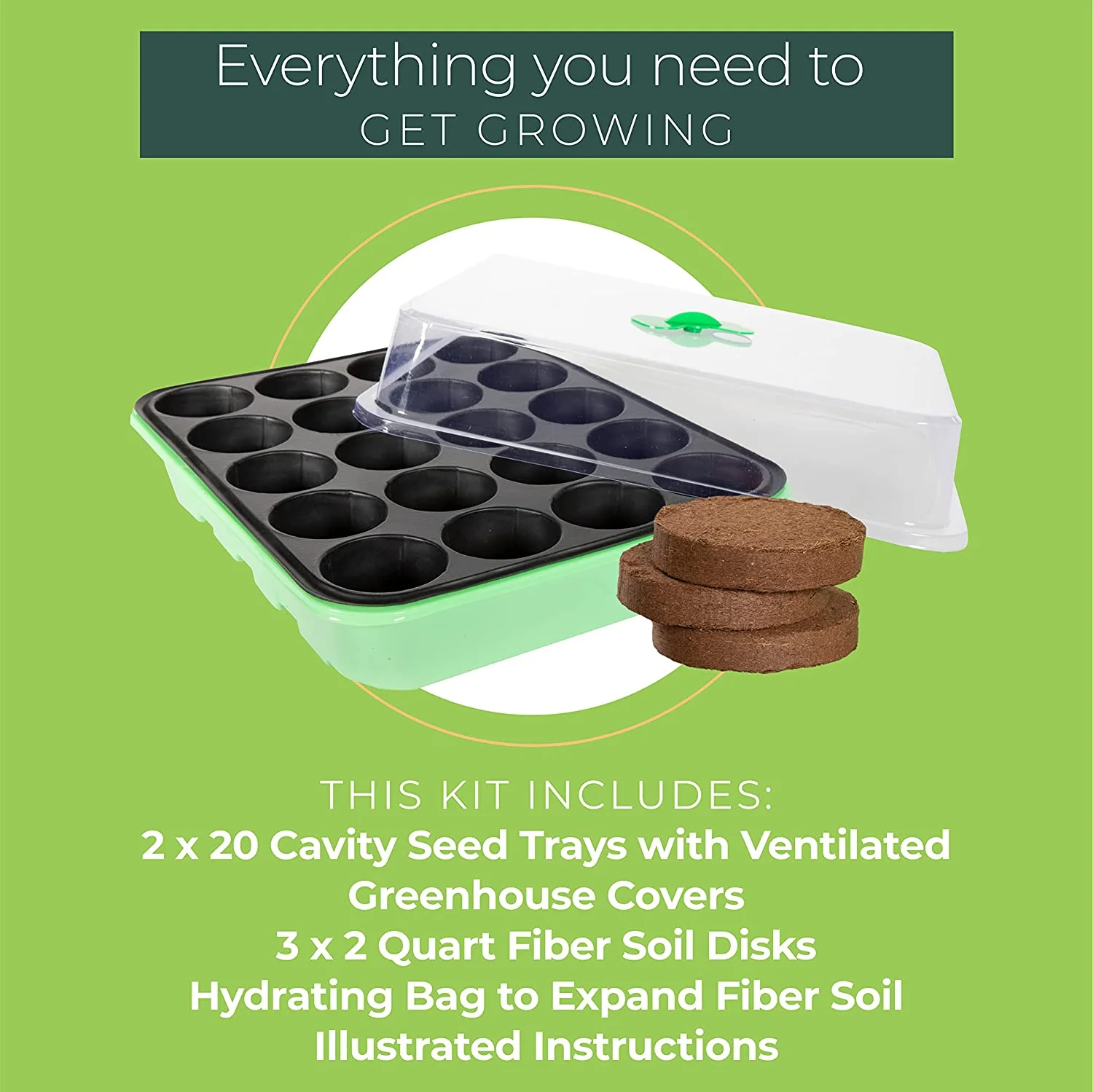 20 Cavity Seed Propagation Kits (2) – Complete with Fiber Soil and Ventilated Greenhouse Trays. Germinate Seeds in a Window or Under Lights for The Garden. Reusable Seedling Starter.