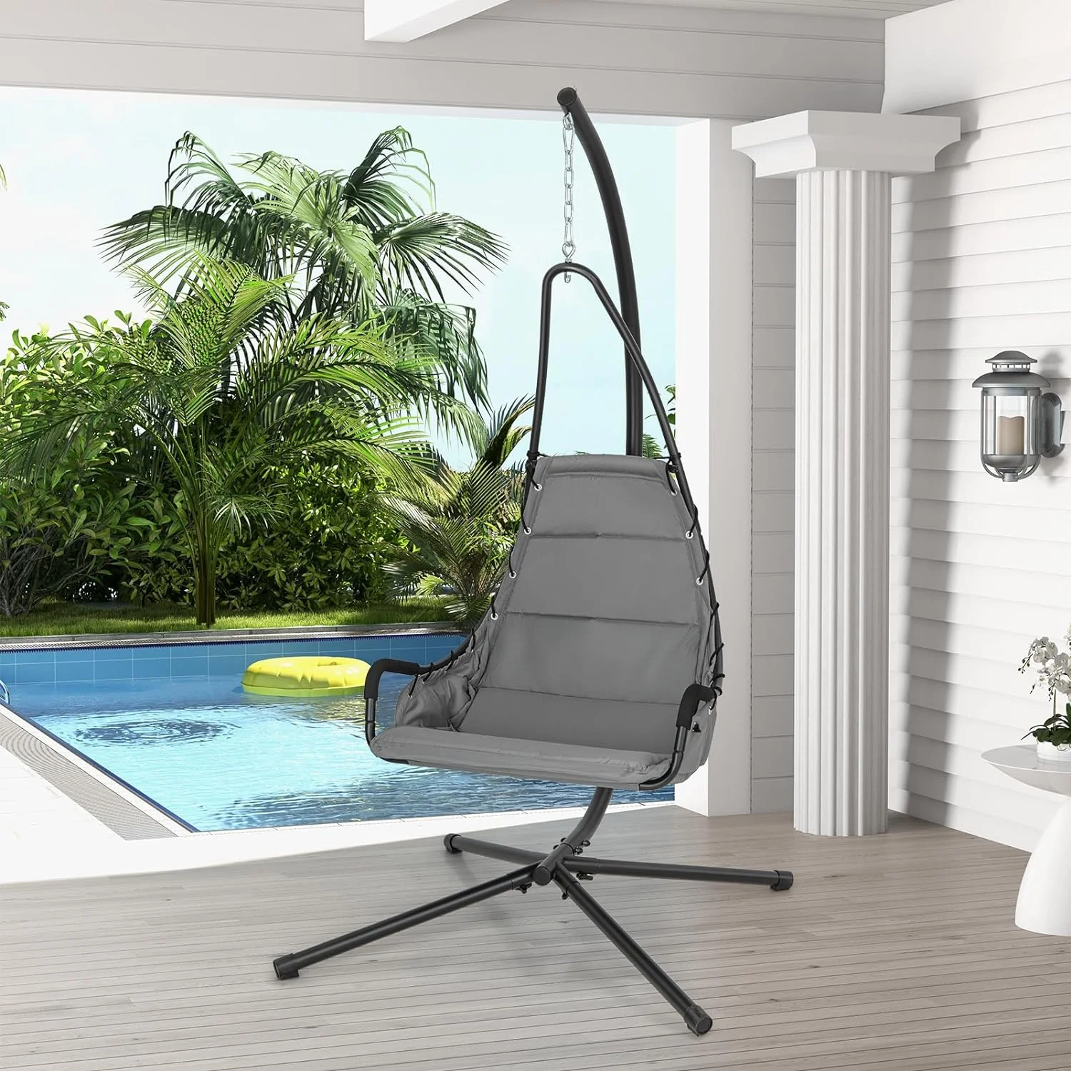 Hanging Chair with Stand, Hammock Swing Chair with Extra Large Padded Seat, Heavy-Duty Metal Frame, Indoor Outdoor Hammock Chair for Porch, Backyard, Living Room (Grey)