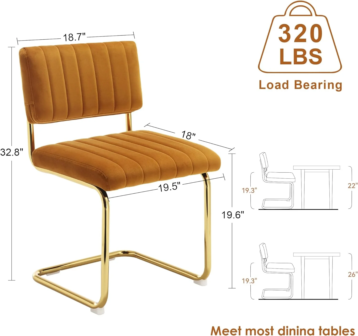 ONEVOG Orange Velvet Dining Chairs Set of 2, Upholstered Kitchen Dining Room Chair, Comfy Green Chair with Gold Metal Legs, Cantilevered Design Chair for Bedroom, Living Room