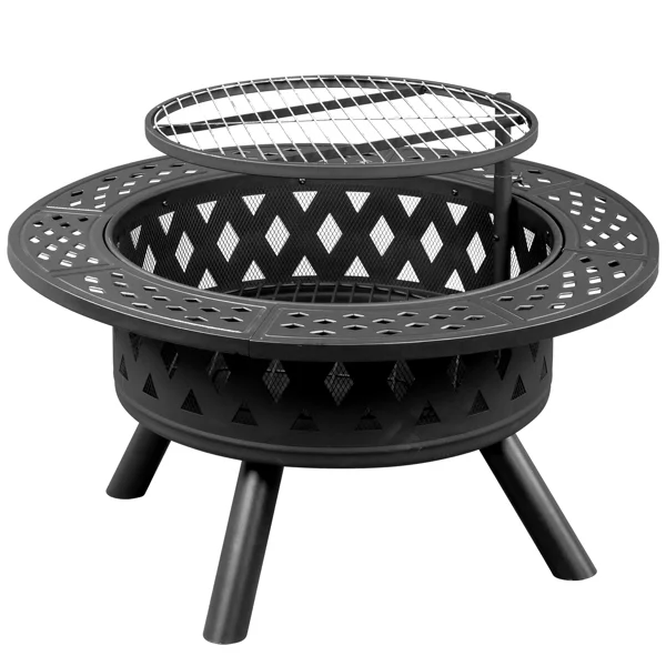 38in round with baking tray, wood-burning brazier, wrought iron, black 38in Metal Fire Pit with Cooking Grates Black