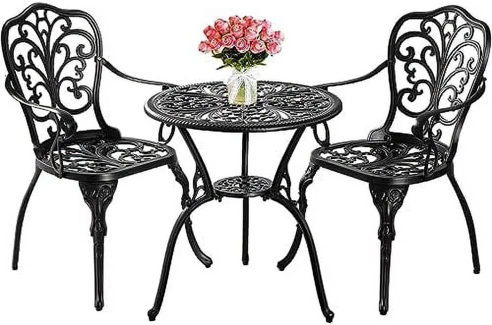 SJOPKMNH Patio  3 Piece Outdoor   Cast Aluminum Bistro Table and Chairs  with Umbrella Hole  Rust-Resistant Garden Table and Chairs  Bronze
