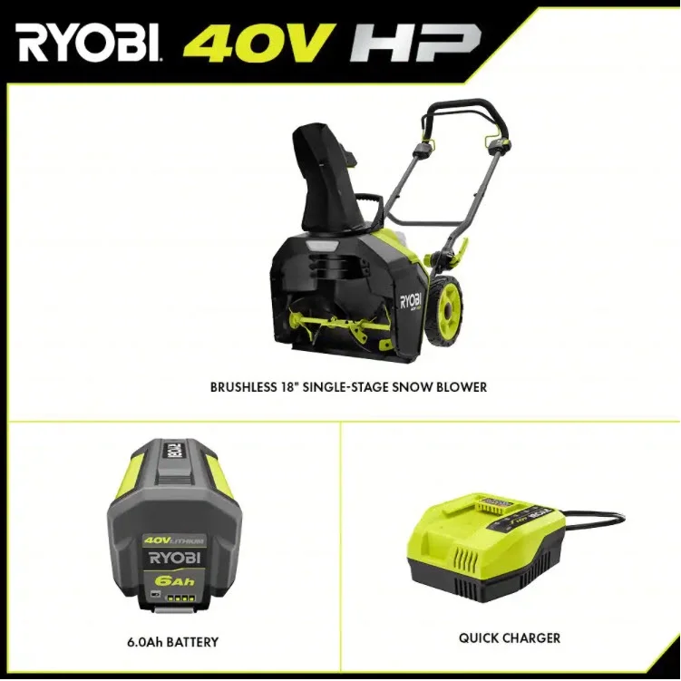 RYOBI Cordless 40V HP 18 in. Electric Snow Blower 6.0 Ah Battery Charger Kit