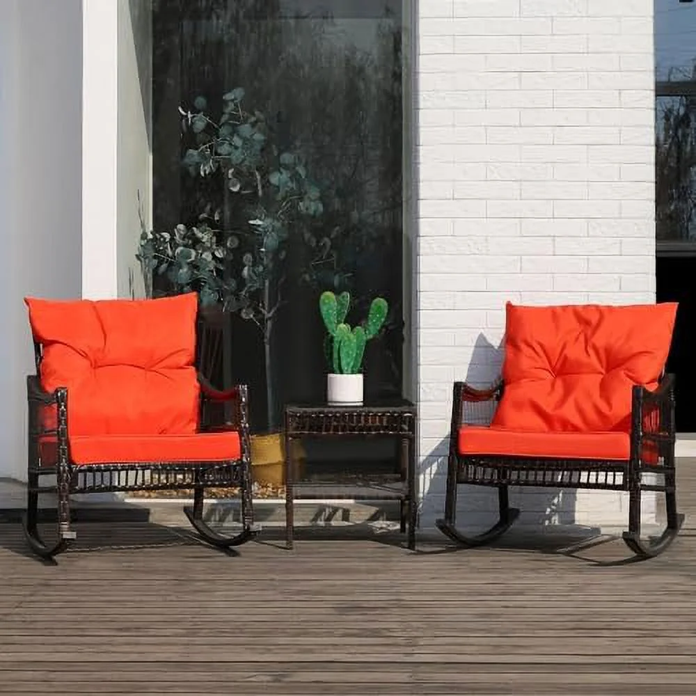 HYHBIBOOM 3 Pieces Outdoor Rattan Rocking  with Cushions  Patio Wicker  Set with Rocker Chair & Glass Coffee Table  Conversation Set for Porch  Balcony  Backyard  Cream White