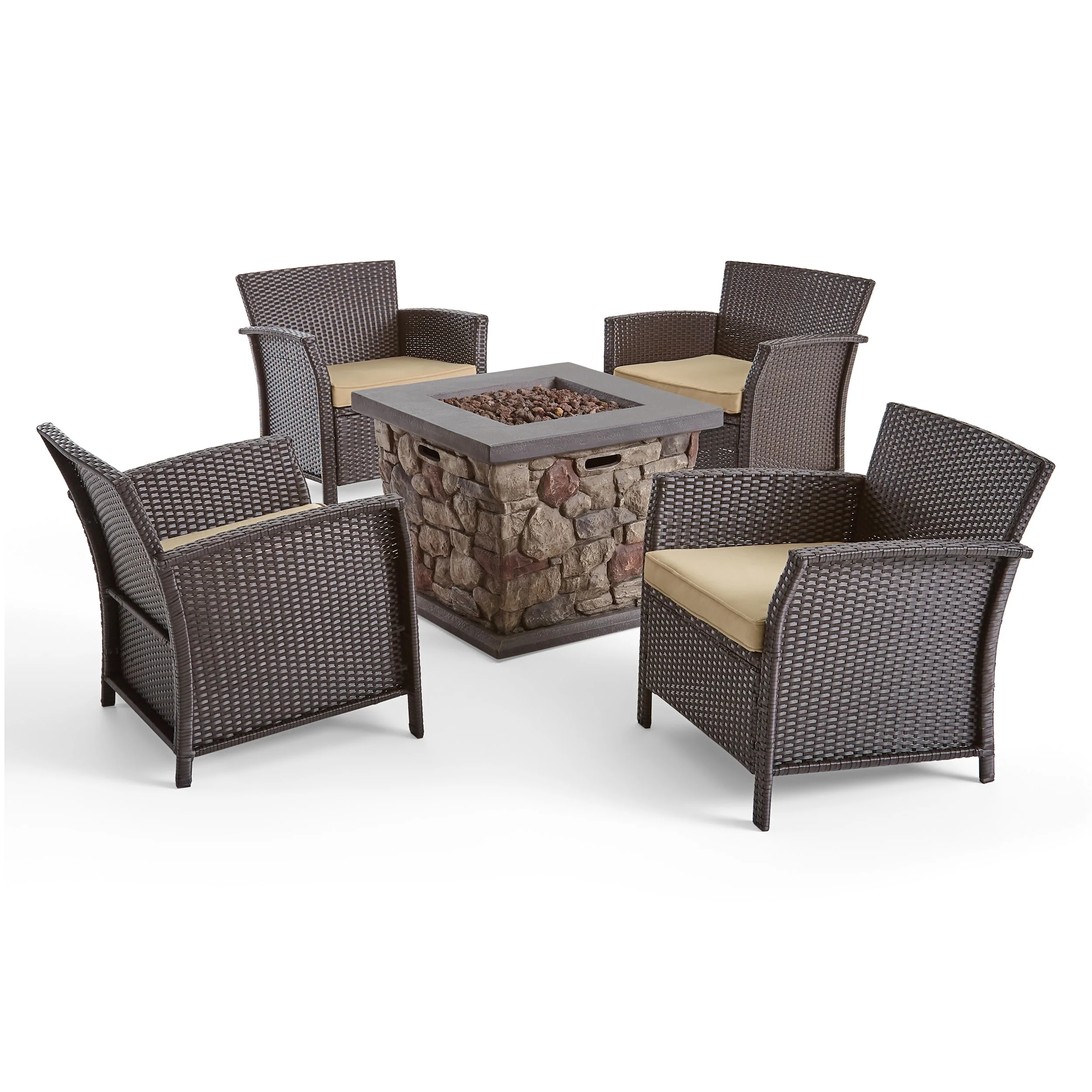 GDF Studio Munal Outdoor Wicker 5 Piece Club Chair and Fire Pit Set with Cushion, Brown, Tan, and Stone