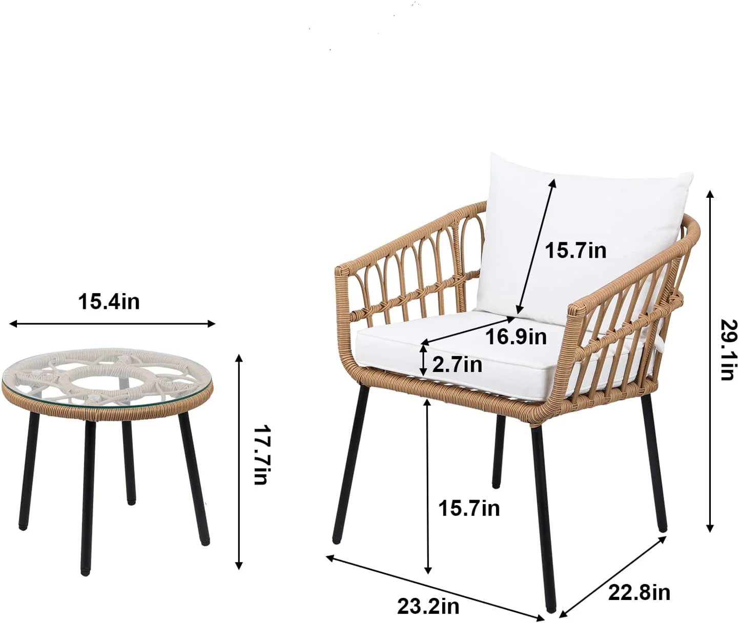 PET 3 Pieces Wicker Outdoor Patio Chairs with Round Table & Cushions  All-Weather Rattan Patio Furniture Set  Outdoor Sectional Sofa for Patio  Balcony  Backyard  Deck
