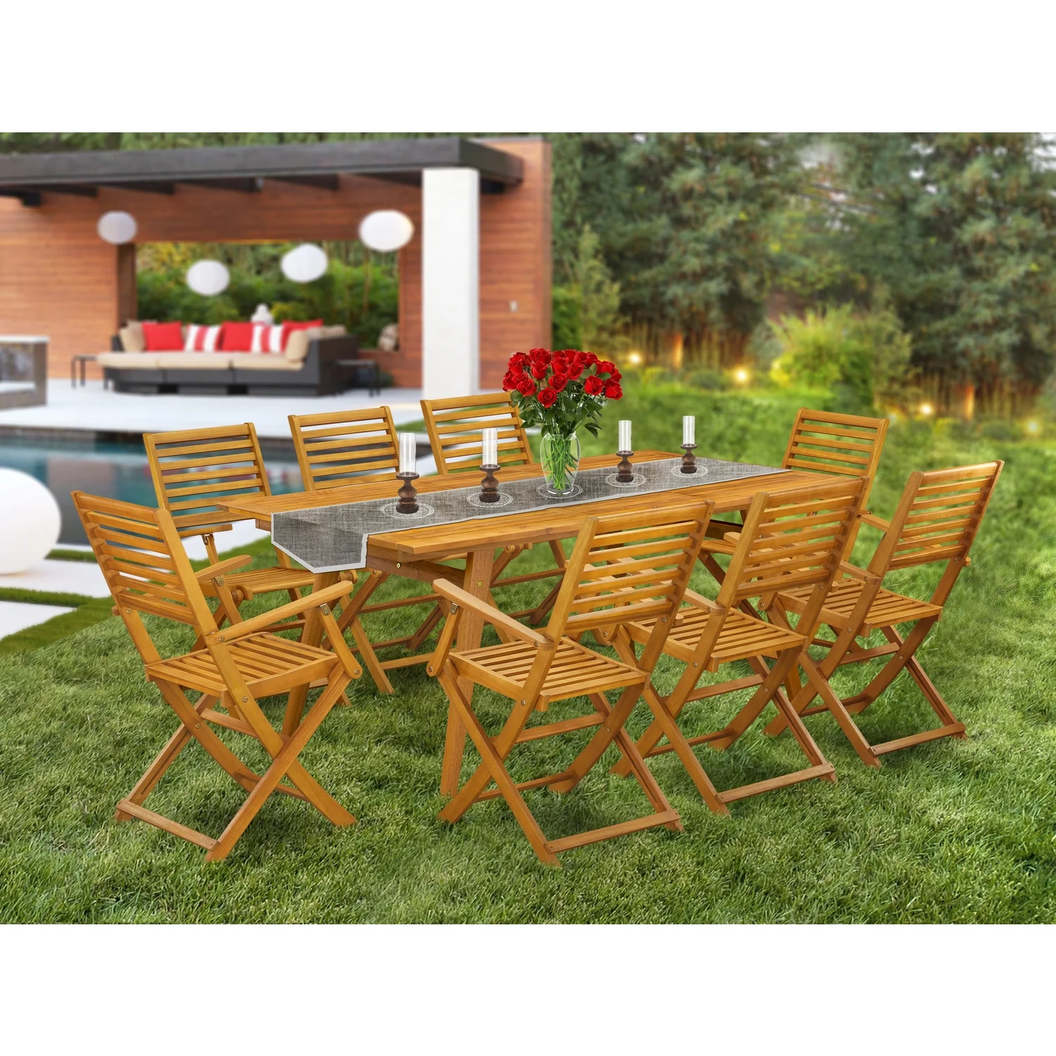 East West Furniture Denison 9-piece Wood Patio Set in Natural Oil