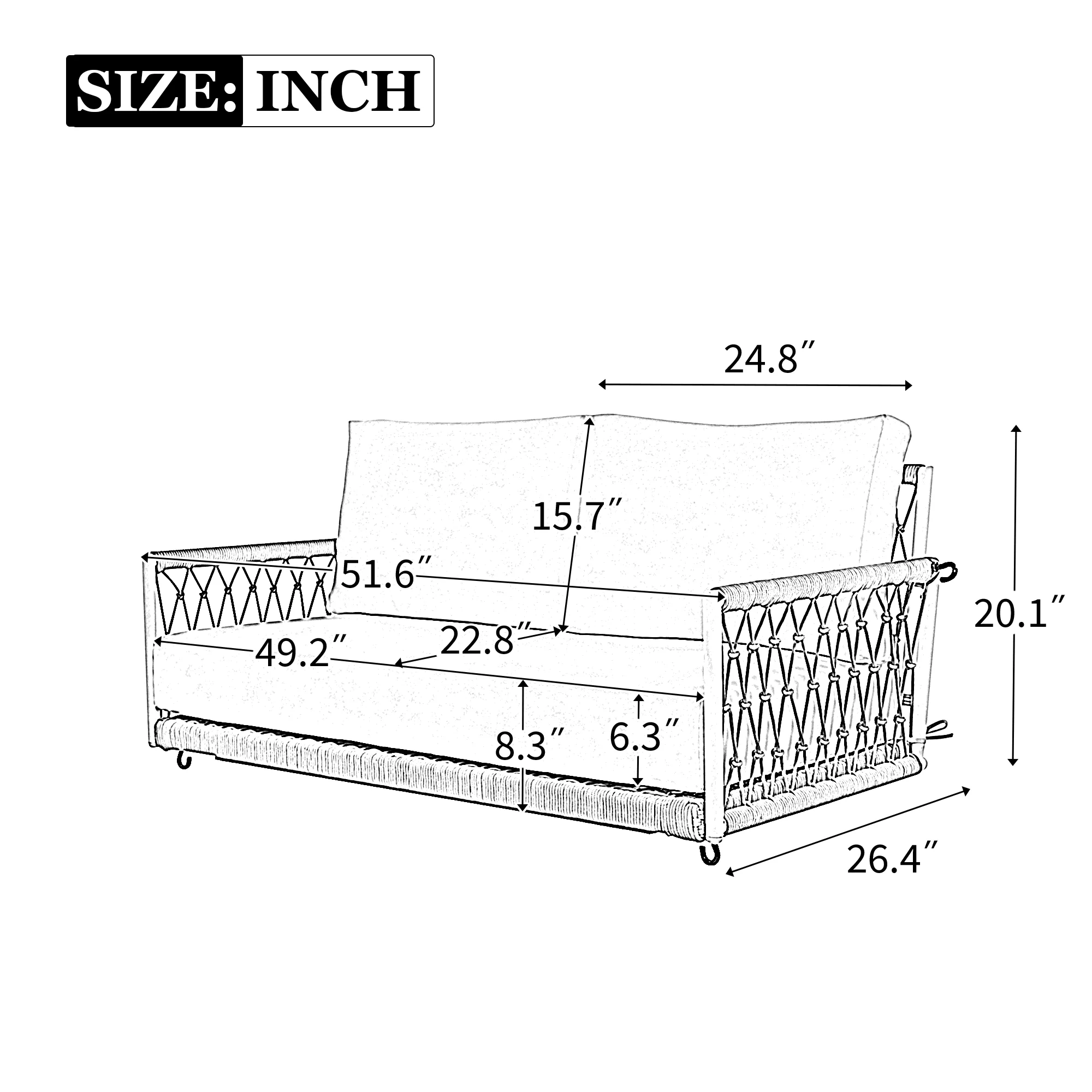 Churanty Outdoor Swing Sofa with Soft Cushions Seating 2, 1 Piece Woven Rope Hanging Seat Porch Swing Chair, Two-Person Outdoor Swing Sofa, Hanging Patio Bench for Patio,Beige