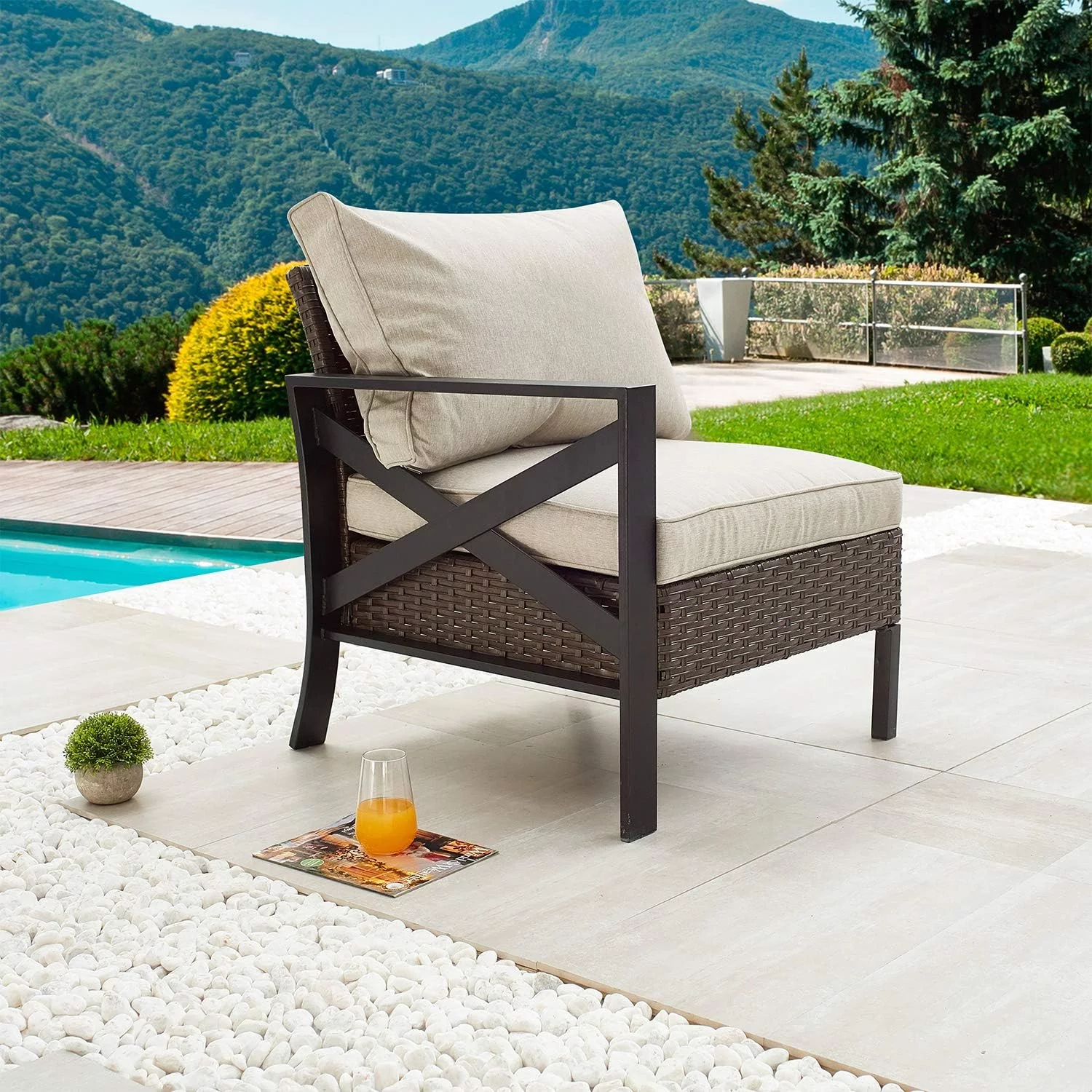 GFVCNIO Outdoor Patio Bistro Dining Chair Right Armrest Sofa with X-Shaped Armrest Chair Wicker Rattan with Thick Soft Cushion with Steel Frames for Garden Yard Poolside