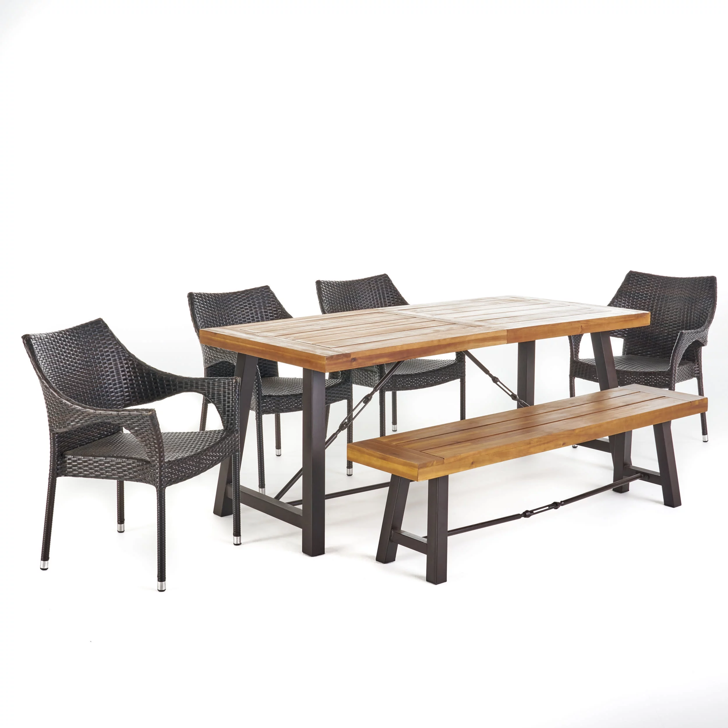 GDF Studio Mahalo Outdoor Wicker and Acacia Wood 6 Piece Dining Set with Bench, Teak, Rustic Metal, and Multibrown
