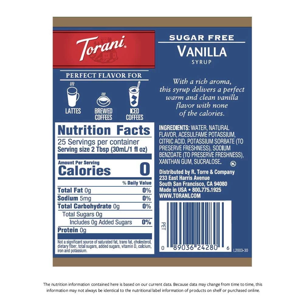 Torani Sugar Free Syrup, Vanilla, 25.4 Ounces