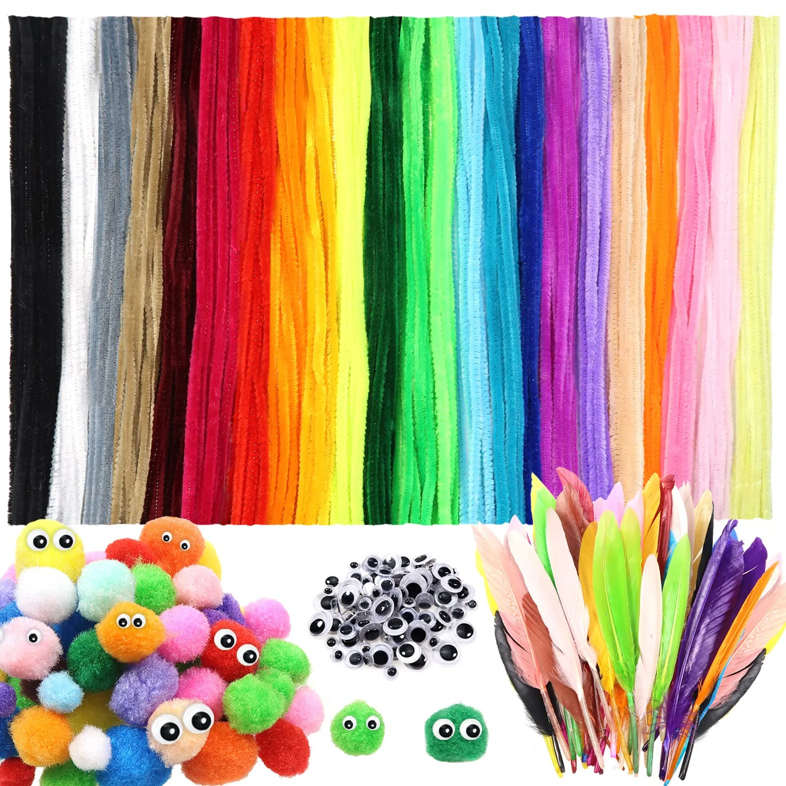 TOAOB 650pcs Craft Supplies Set - Chenille Stems, Pom Poms, Wiggle Googly Eyes, Goose Feathers - DIY Art Kit