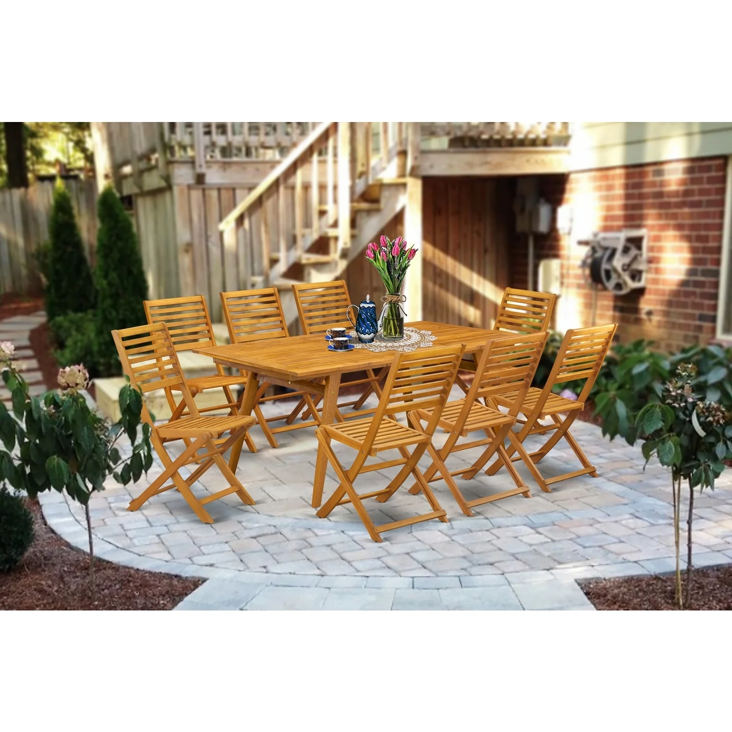 HomeStock Old World Charm 9-Pc Small Patio Table Set- 8 Patio Chairs Ladder Back And Patio Table And Rectangle Top With Wood 4 Legs - Natural Oil Finish