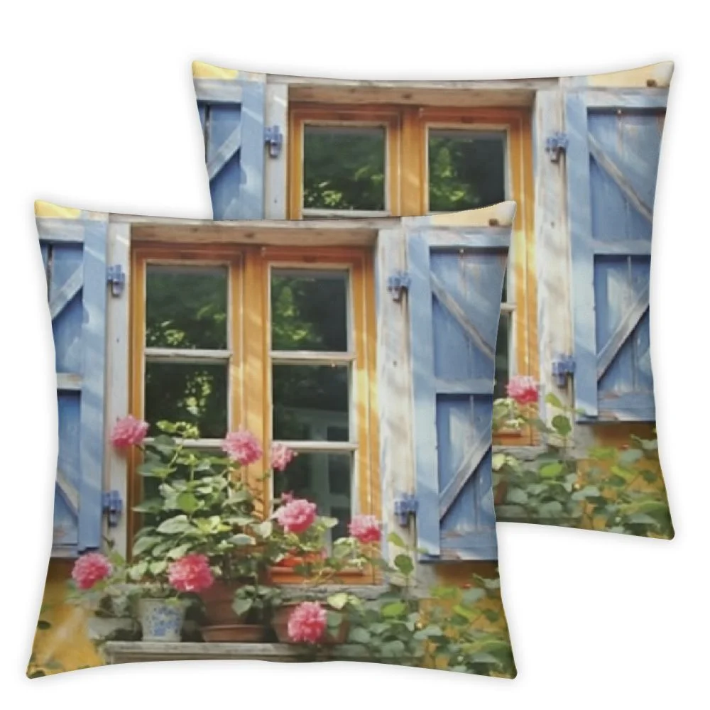 Geraniums Throw Pillow Cushion Cover, Real Picturesque  Old Windows with Shutters and Flowers in Pots, Decorative Rectangle Accent Pillow Case, Beige and Multicolor
