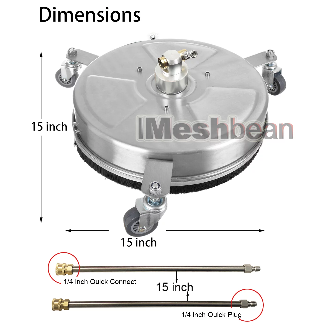 iMeshbean 15-Inch Pressure Washer Surface Cleaner with Stainless Steel Housing,Including 2 Power Washer Extension Wand Attachment,2 Replacement Nozzles, 4000 PSI