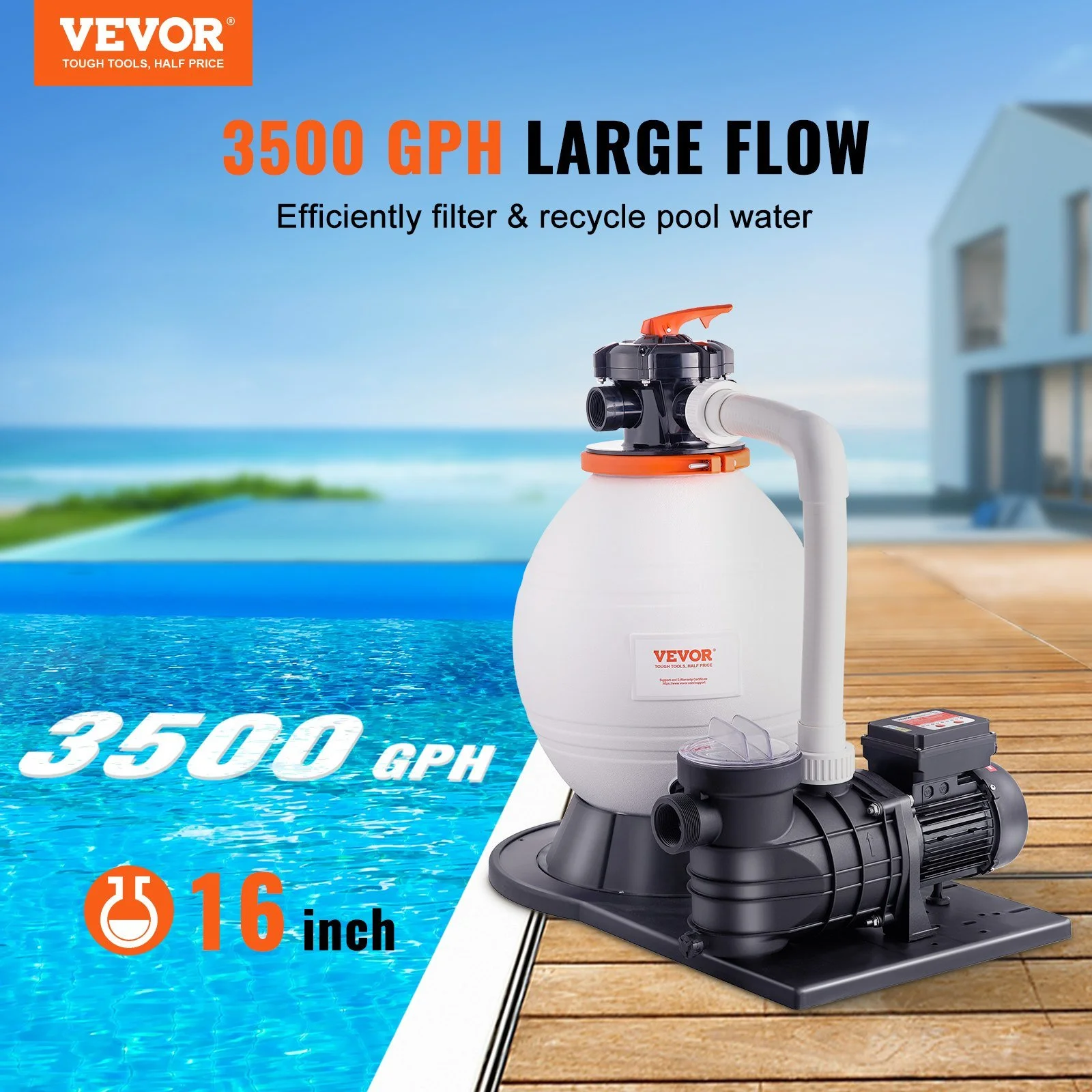 16-inch Sand Filter Pump for Above Ground Pools - 19.4 - Enhance your pool with performance and versatility!