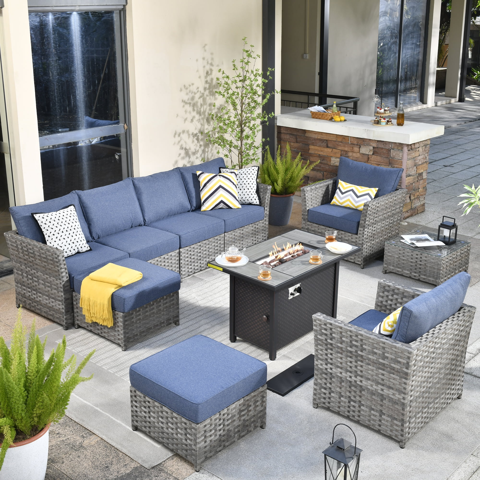 Vcatnet 10 Pieces Patio Outdoor Conversation Set All Weather Wicker Furniture Sofa Set with Fire Pit Table and Coffee Table for Garden,Backyard,Denim Blue