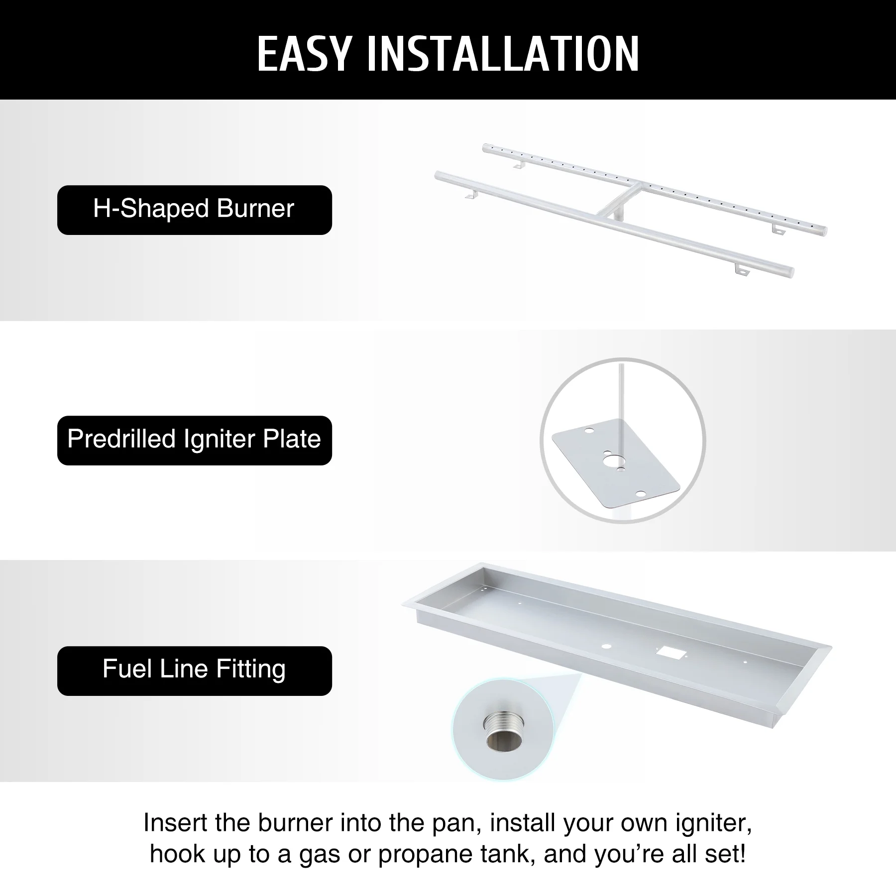 36x12 Inch Fire Pit Pan with Burner Drop-In Gas Propane Fireplace Tray 150k BTUs