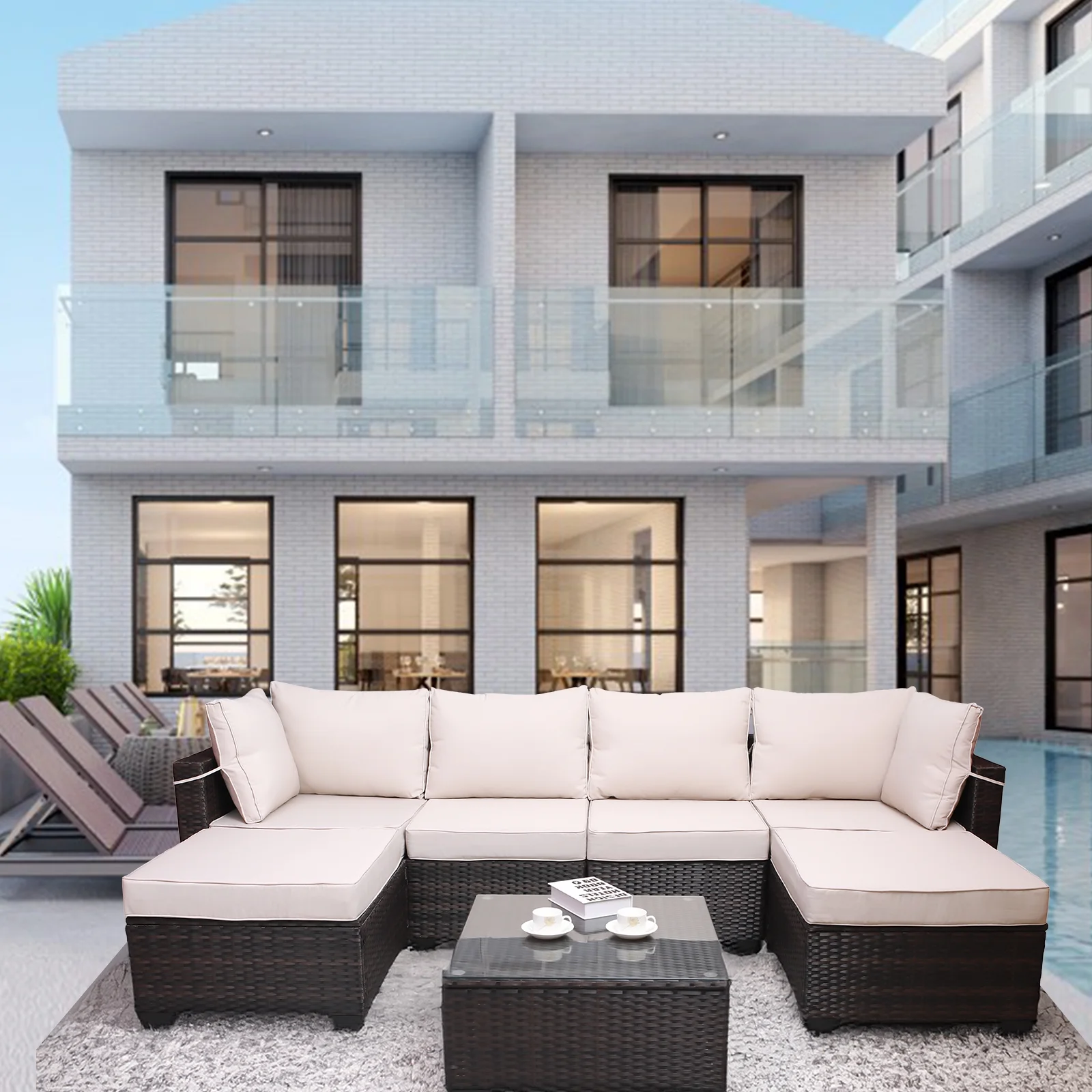 CoSoTower Outdoor Garden Patio Furniture 7-Piece PE Rattan Wicker Cushioned Sofa Sets and Coffee Table, Patio Furniture Set;Outdoor Couch;Outdoor Couch Patio Furniture;Outdoor Sofa;Patio Couch