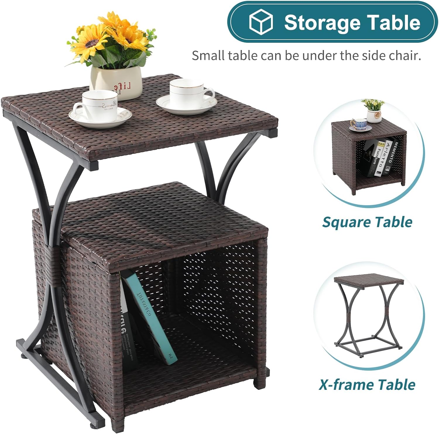 Dina 6 Piece Patio Wicker Furniture Set  Balcony All Weather Rattan Chair  with Space Saving Ottoman  Resin Nesting Coffee Table  Modern Design  Dark Grey